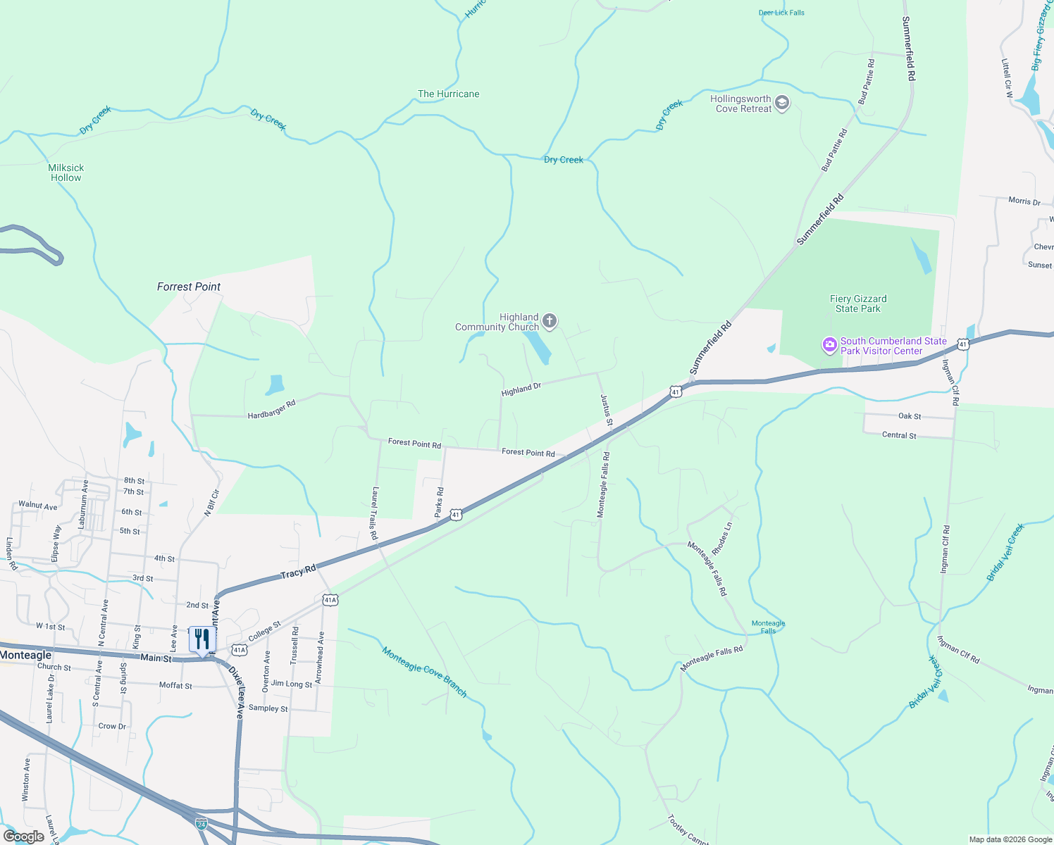 map of restaurants, bars, coffee shops, grocery stores, and more near 100 Treeline Ct in Monteagle