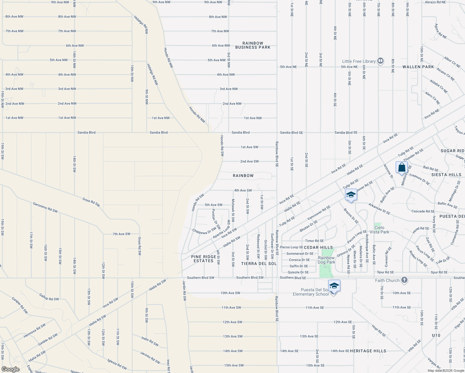 map of restaurants, bars, coffee shops, grocery stores, and more near 301 4th Avenue Southwest in Rio Rancho