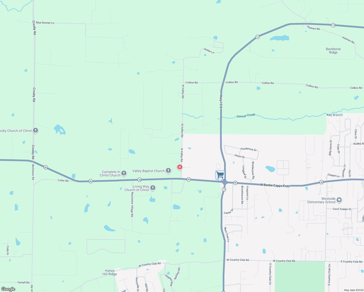 map of restaurants, bars, coffee shops, grocery stores, and more near 155 North Valley Road in Searcy