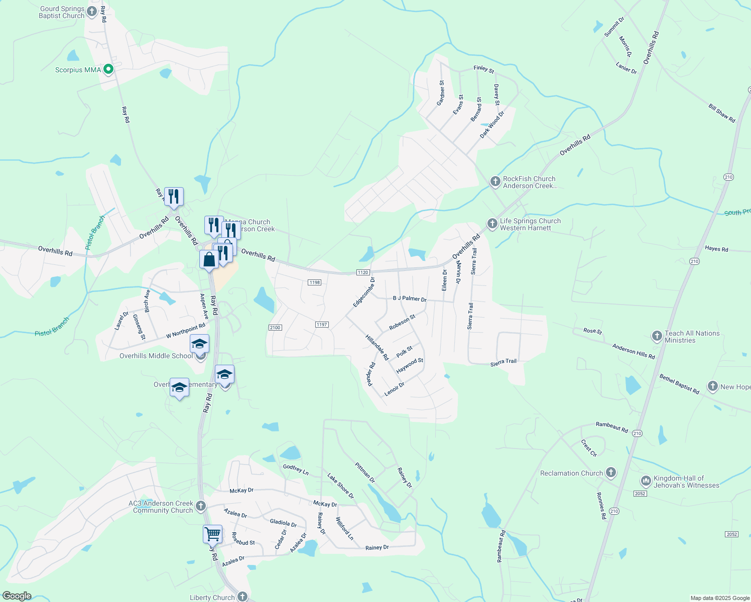 map of restaurants, bars, coffee shops, grocery stores, and more near 351 Bj Palmer Drive in Spring Lake