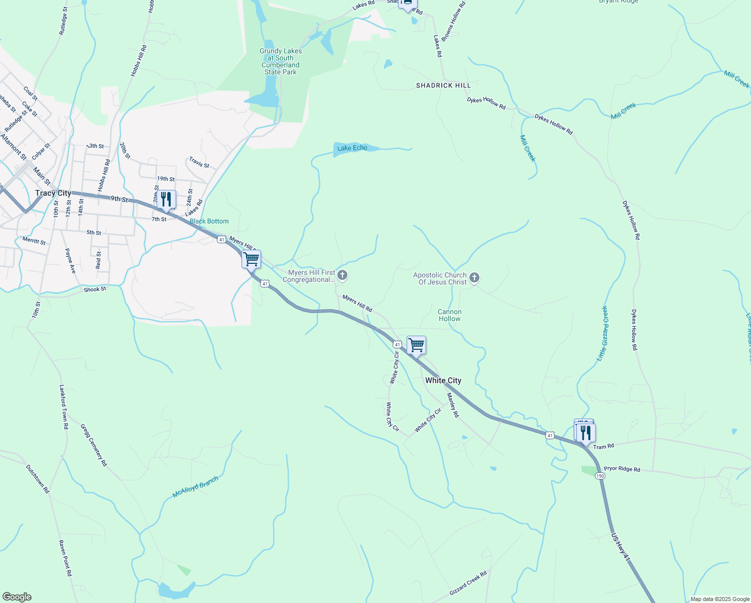 map of restaurants, bars, coffee shops, grocery stores, and more near 1054 Myers Hill Rd in Tracy City