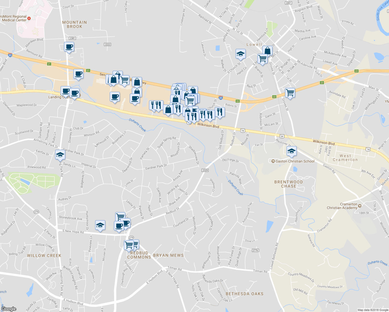 map of restaurants, bars, coffee shops, grocery stores, and more near 3882 Gardner Park Drive in Gastonia