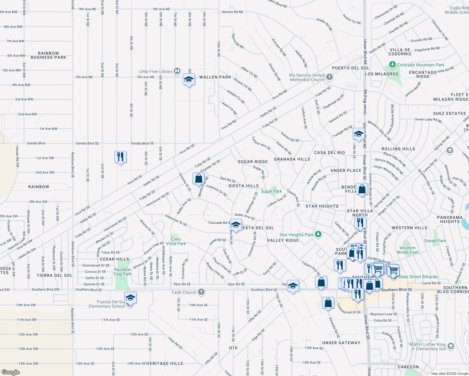map of restaurants, bars, coffee shops, grocery stores, and more near 490 Cherish Court Southeast in Rio Rancho
