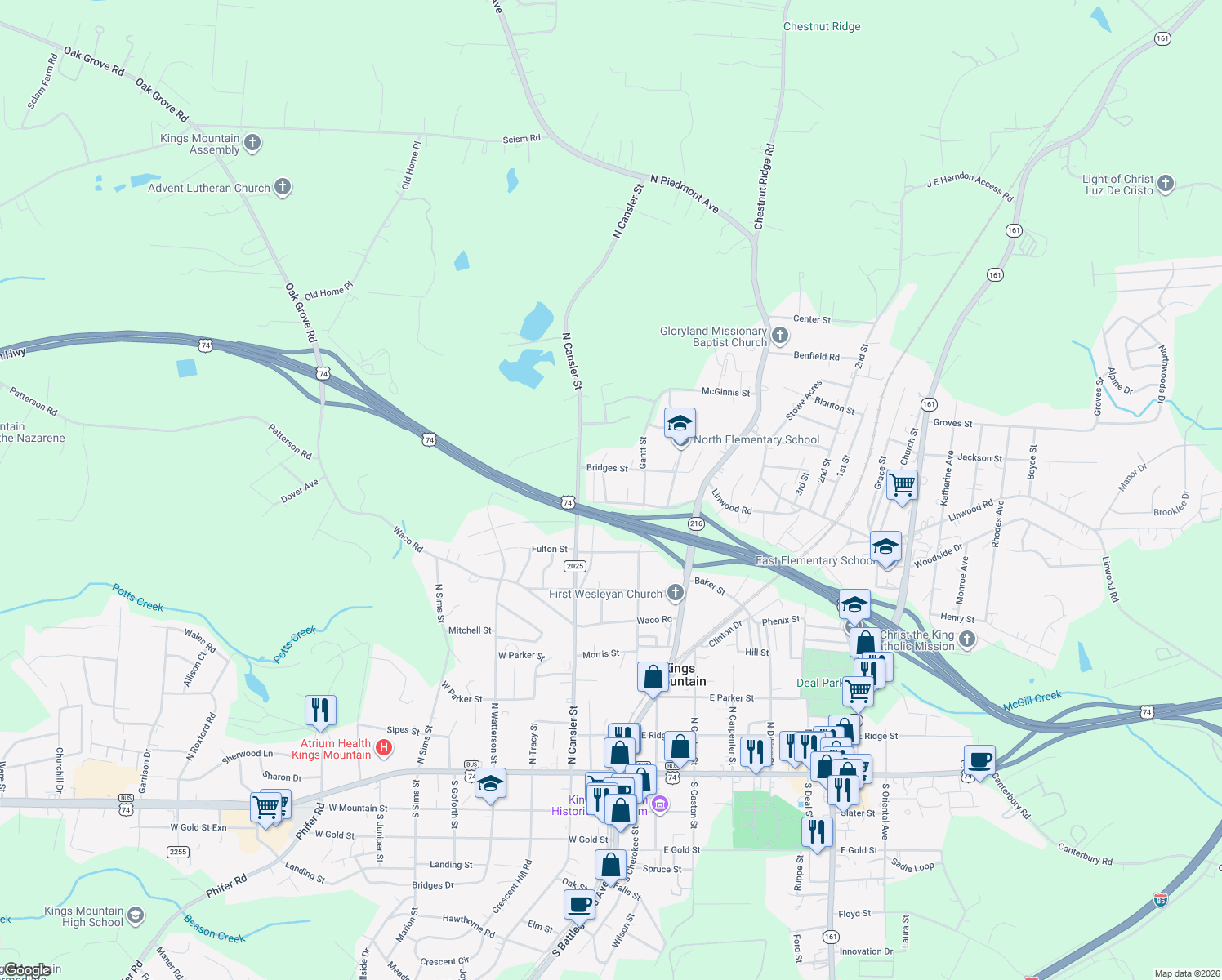 map of restaurants, bars, coffee shops, grocery stores, and more near 704 Harmon Rd in Kings Mountain