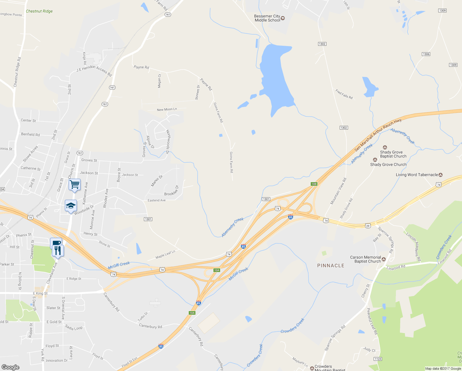 map of restaurants, bars, coffee shops, grocery stores, and more near 254 Goins Farm Road in Bessemer City