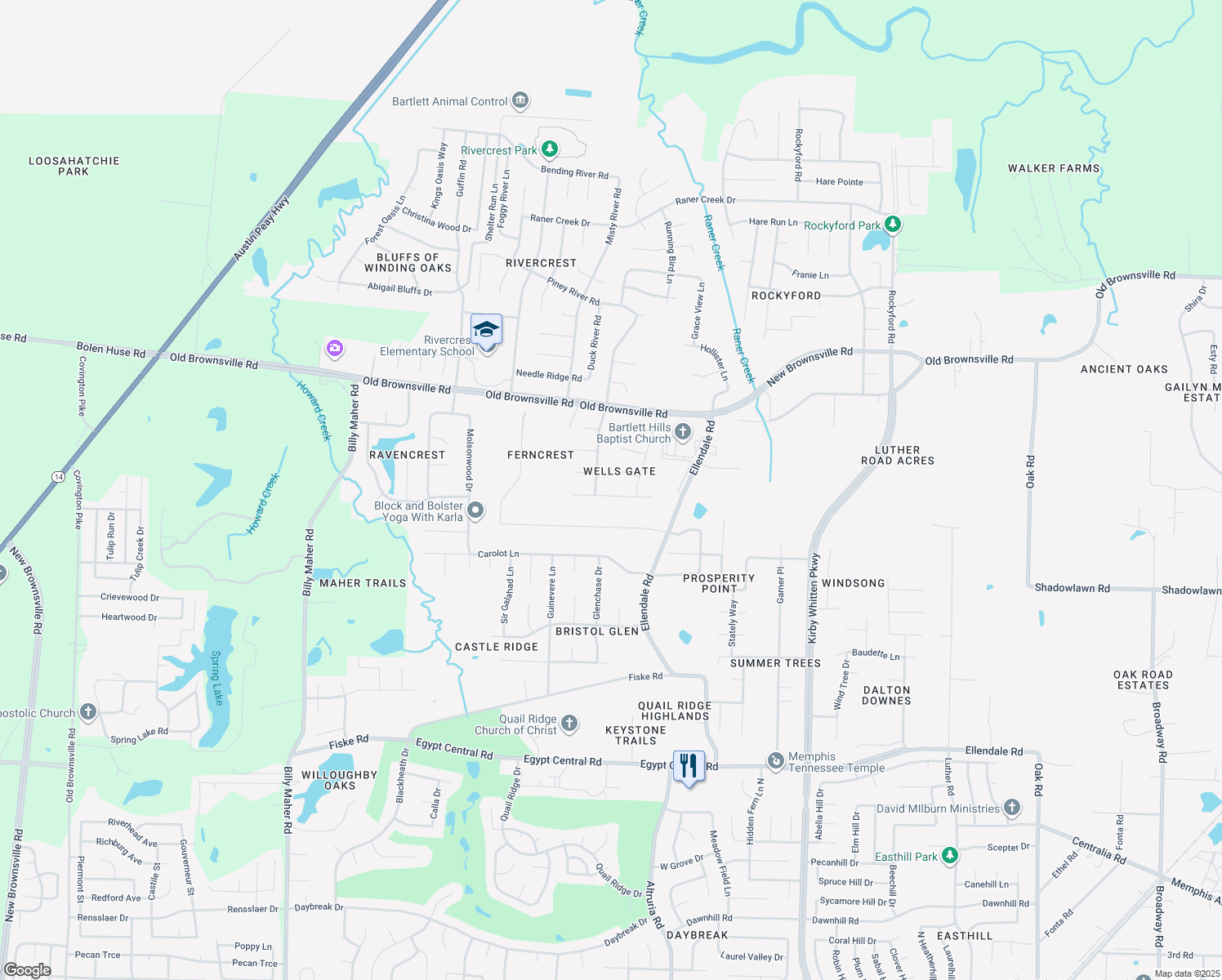 map of restaurants, bars, coffee shops, grocery stores, and more near 6450 Wells Grove Drive in Bartlett