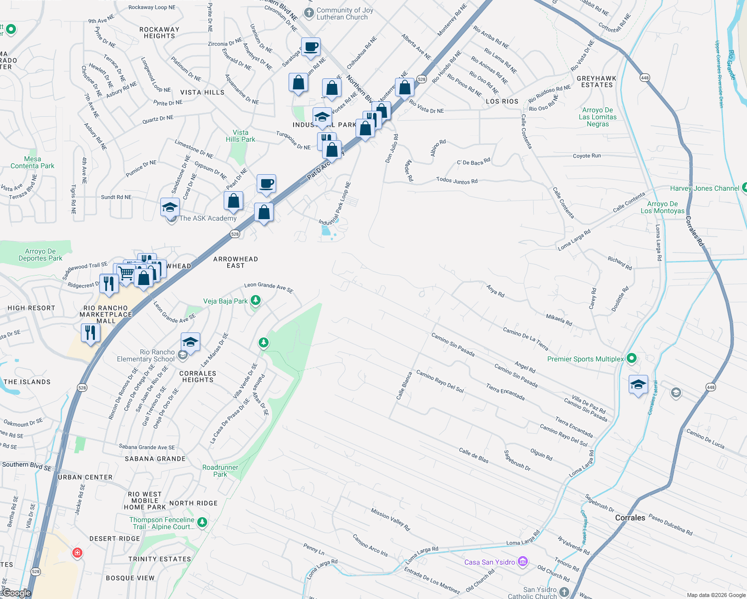 map of restaurants, bars, coffee shops, grocery stores, and more near 1312 Angel Road in Corrales