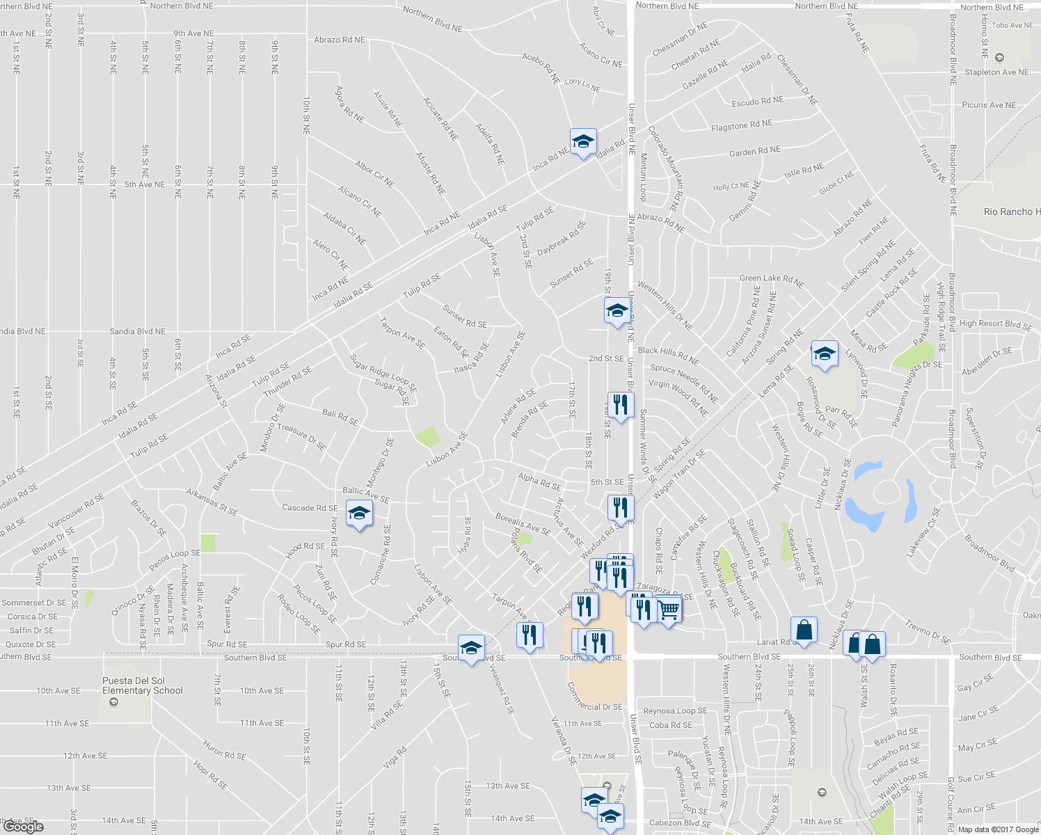 map of restaurants, bars, coffee shops, grocery stores, and more near 1675 Brenda Road Southeast in Rio Rancho