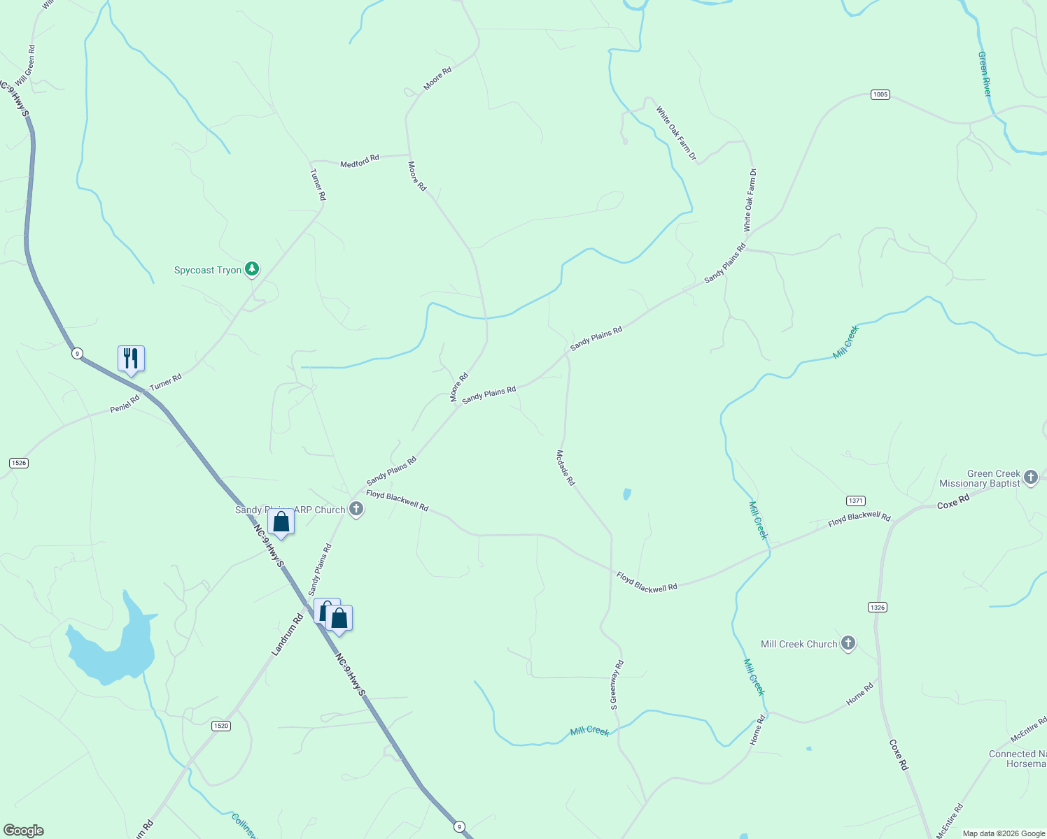 map of restaurants, bars, coffee shops, grocery stores, and more near 1194 Sandy Plains Road in Tryon
