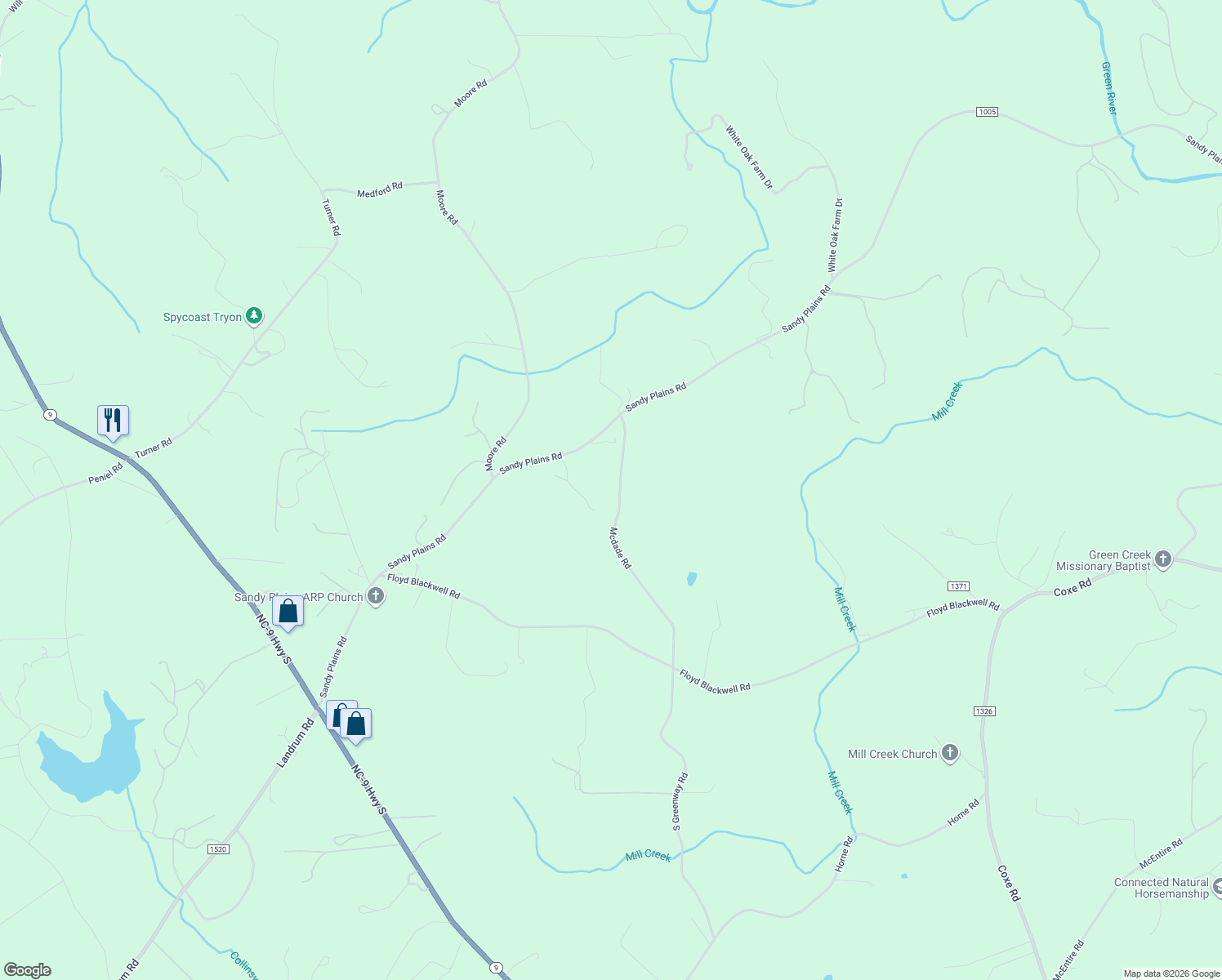 map of restaurants, bars, coffee shops, grocery stores, and more near 210 Mcdade Road in Tryon