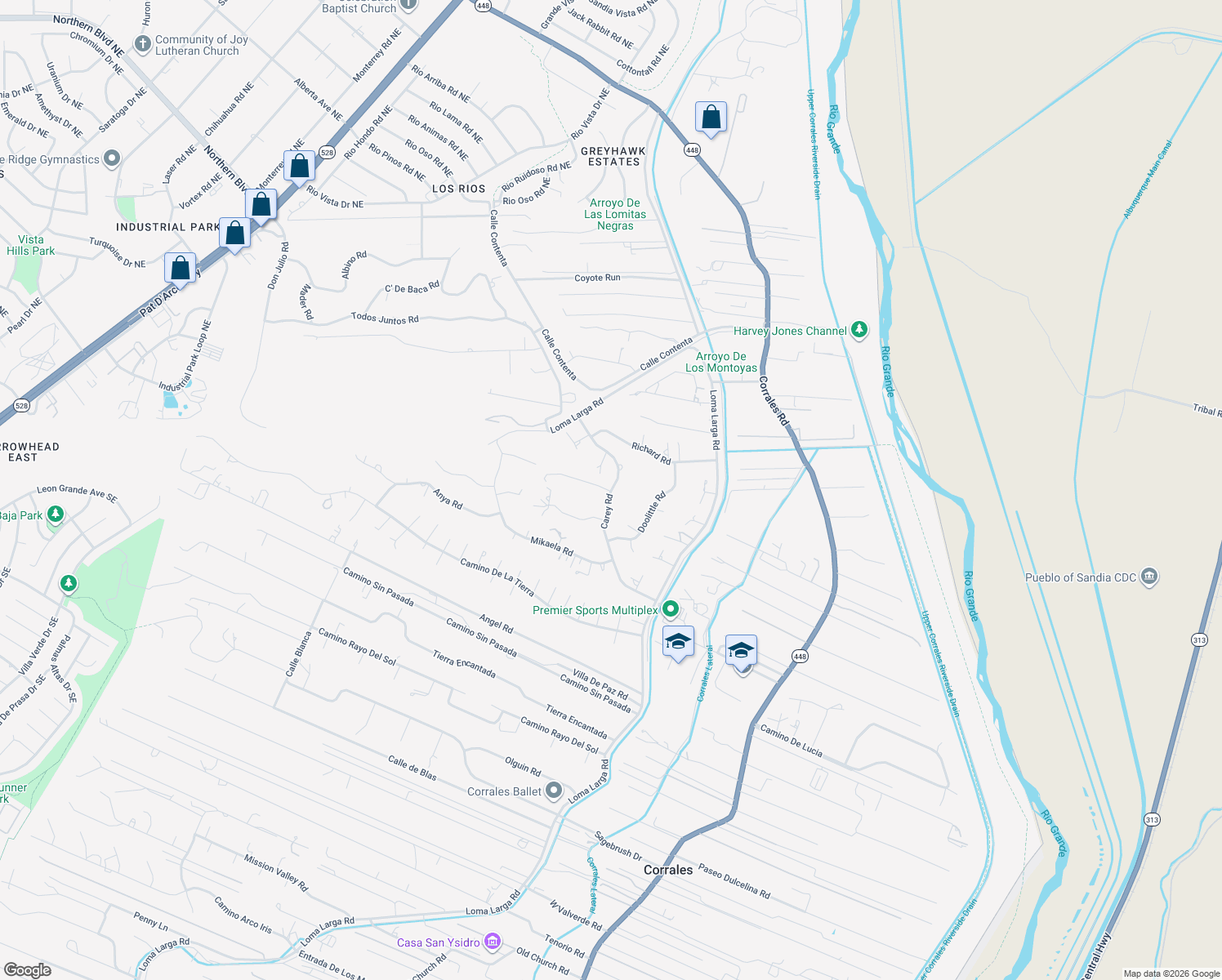 map of restaurants, bars, coffee shops, grocery stores, and more near 132 Carey Rd in Corrales