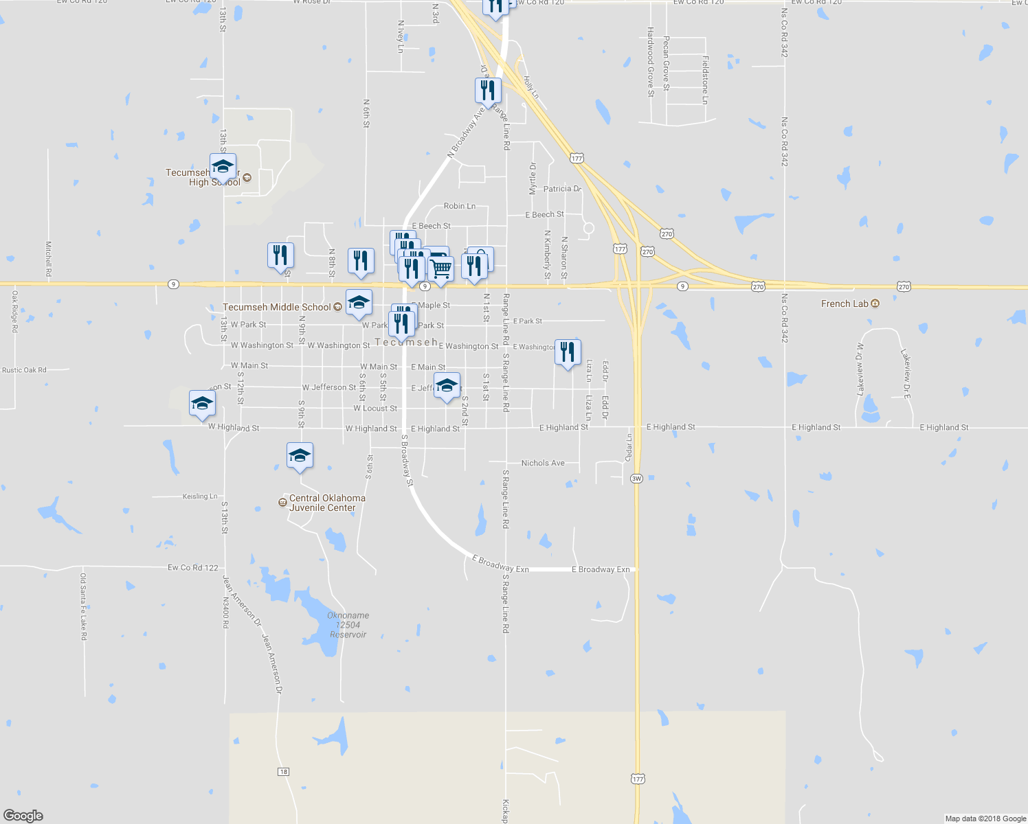 map of restaurants, bars, coffee shops, grocery stores, and more near 604 East Locust Street in Tecumseh