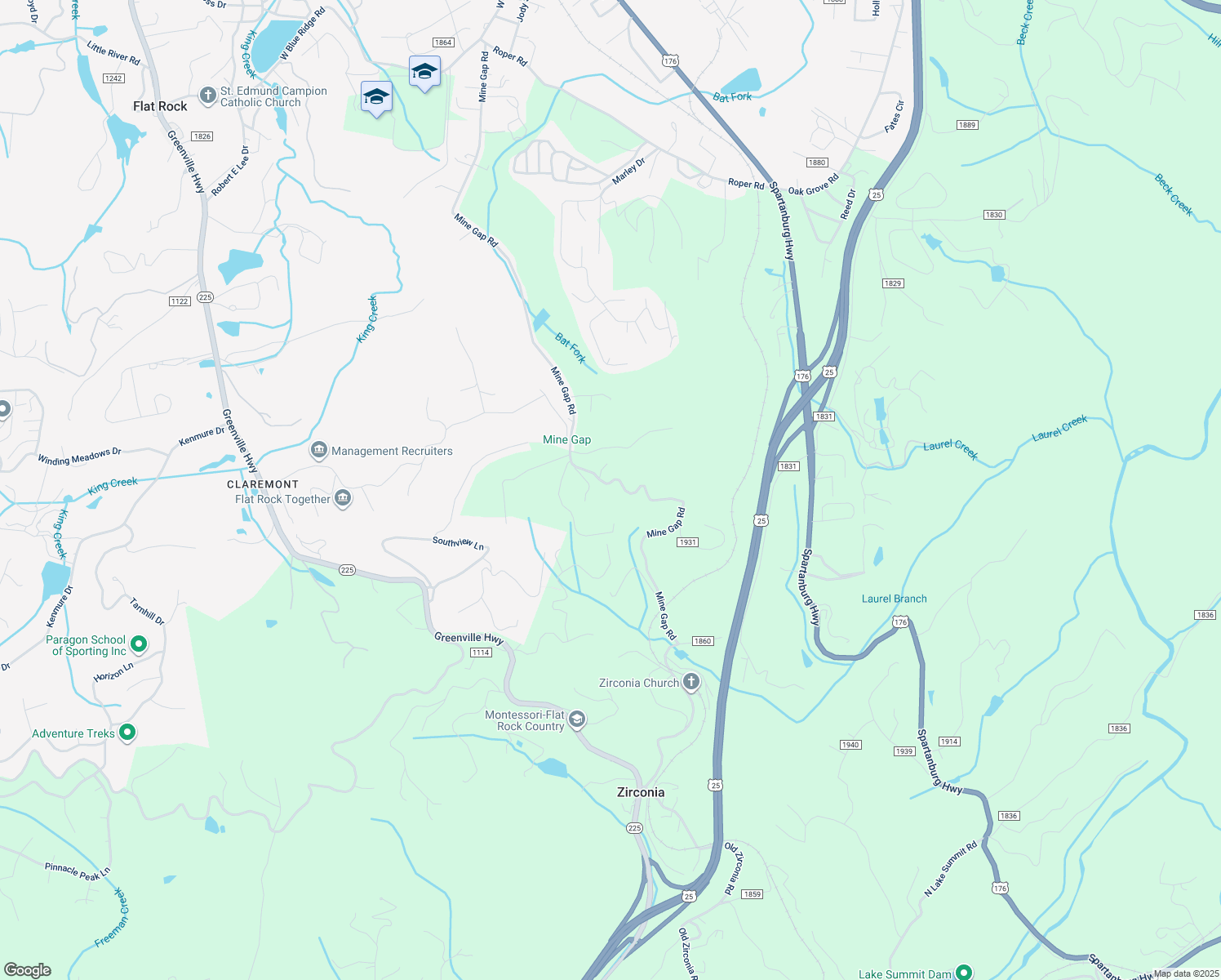 map of restaurants, bars, coffee shops, grocery stores, and more near 643 Mine Gap Road in Zirconia