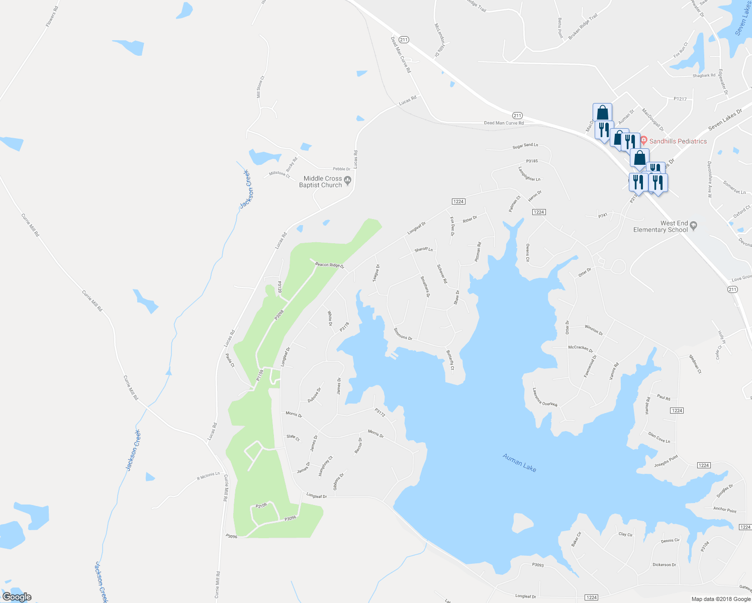 map of restaurants, bars, coffee shops, grocery stores, and more near 103 Thomas Point in Jackson Springs