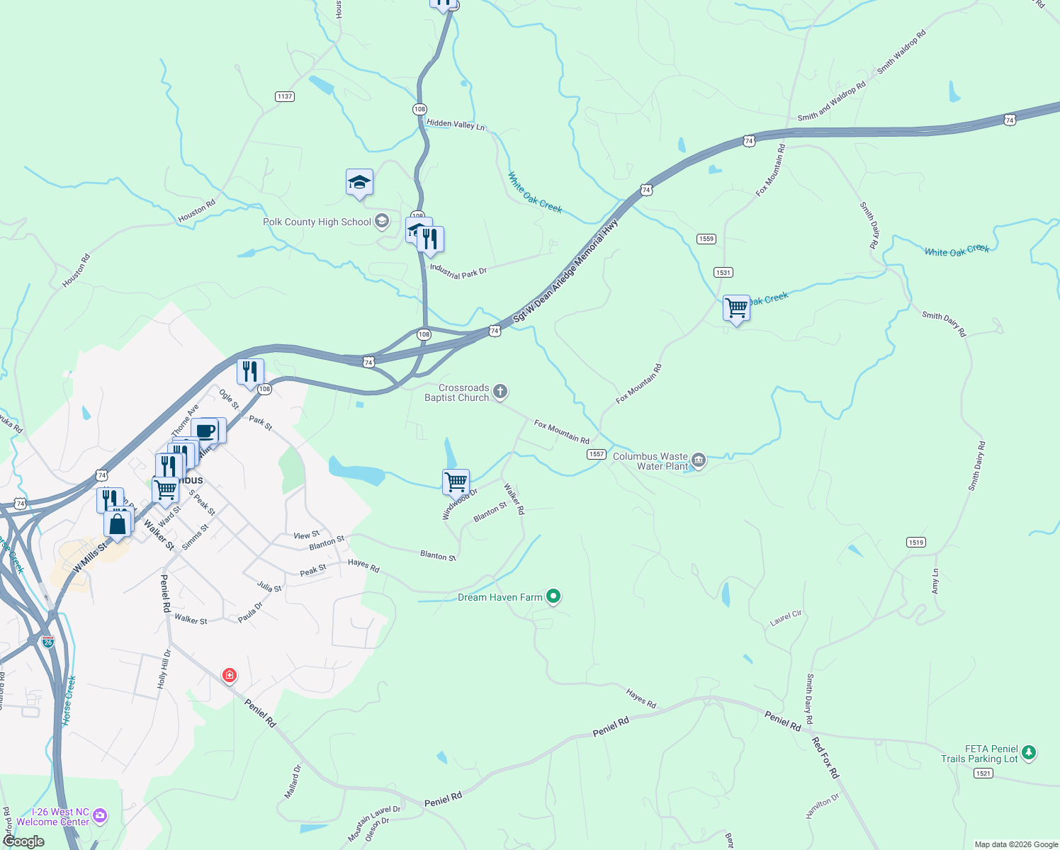 map of restaurants, bars, coffee shops, grocery stores, and more near 500 Fox Mountain Road in Columbus