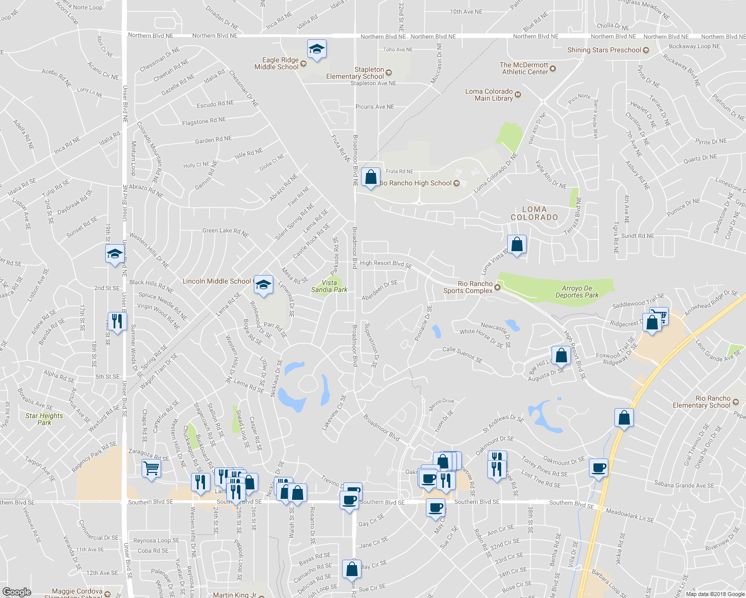 map of restaurants, bars, coffee shops, grocery stores, and more near 2912 Aberdeen Drive Southeast in Rio Rancho