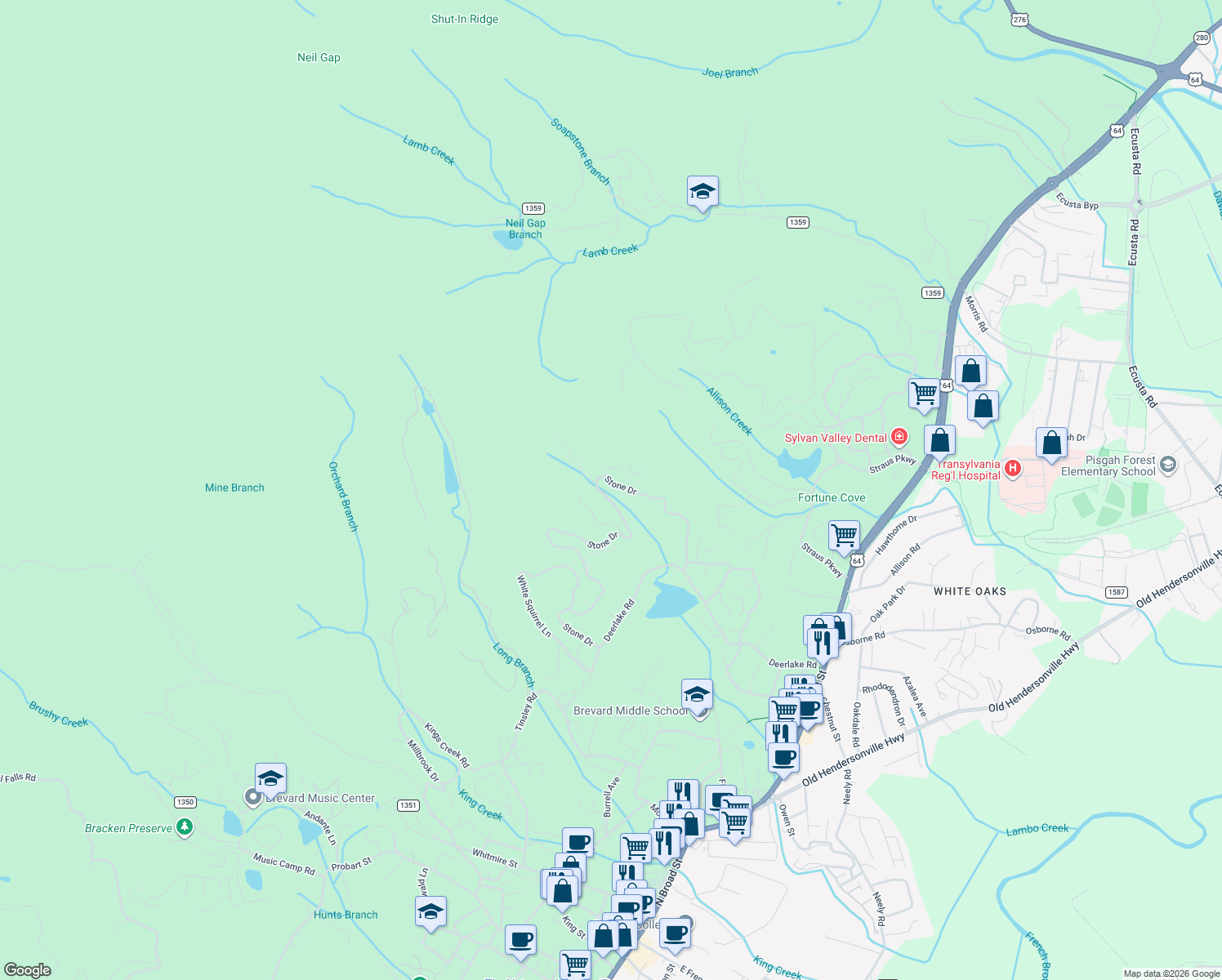 map of restaurants, bars, coffee shops, grocery stores, and more near 215 Stone Drive in Brevard