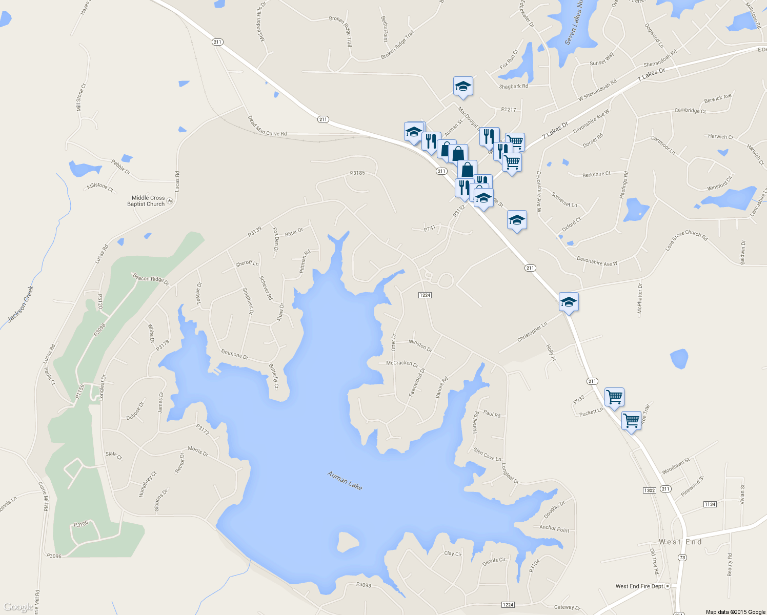 map of restaurants, bars, coffee shops, grocery stores, and more near 110 Sunset Point in Seven Lakes