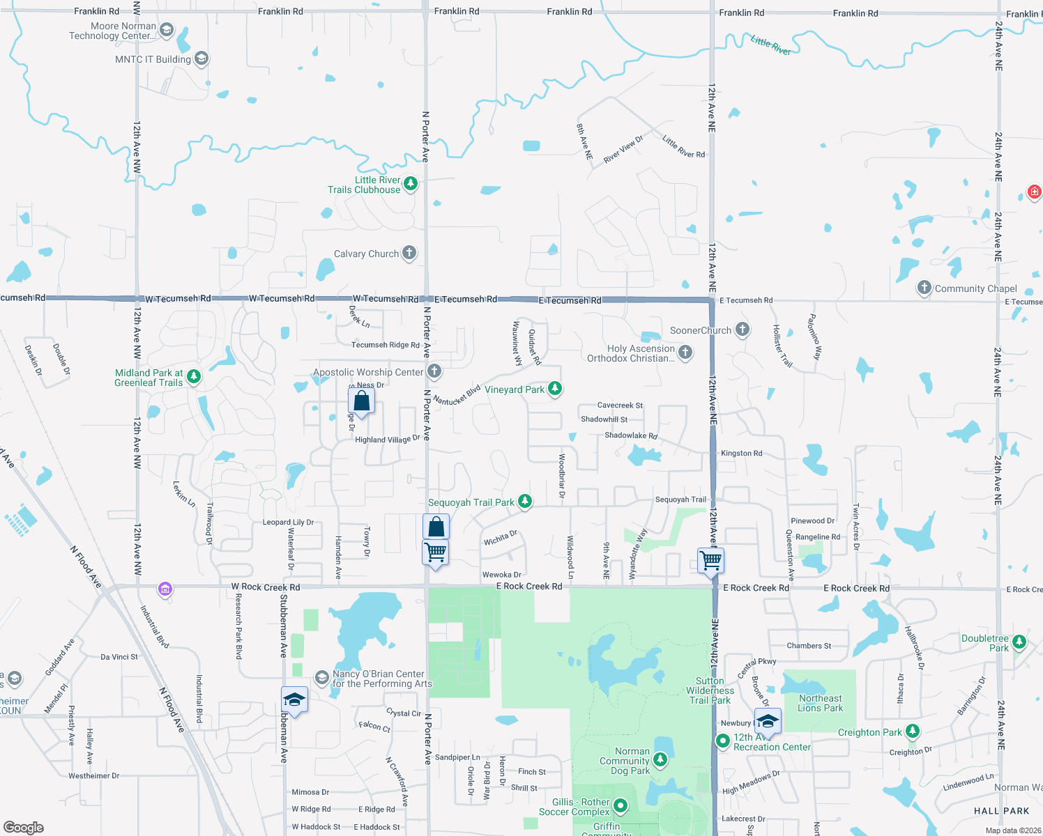 map of restaurants, bars, coffee shops, grocery stores, and more near 3032 Woodcrest Creek Drive in Norman