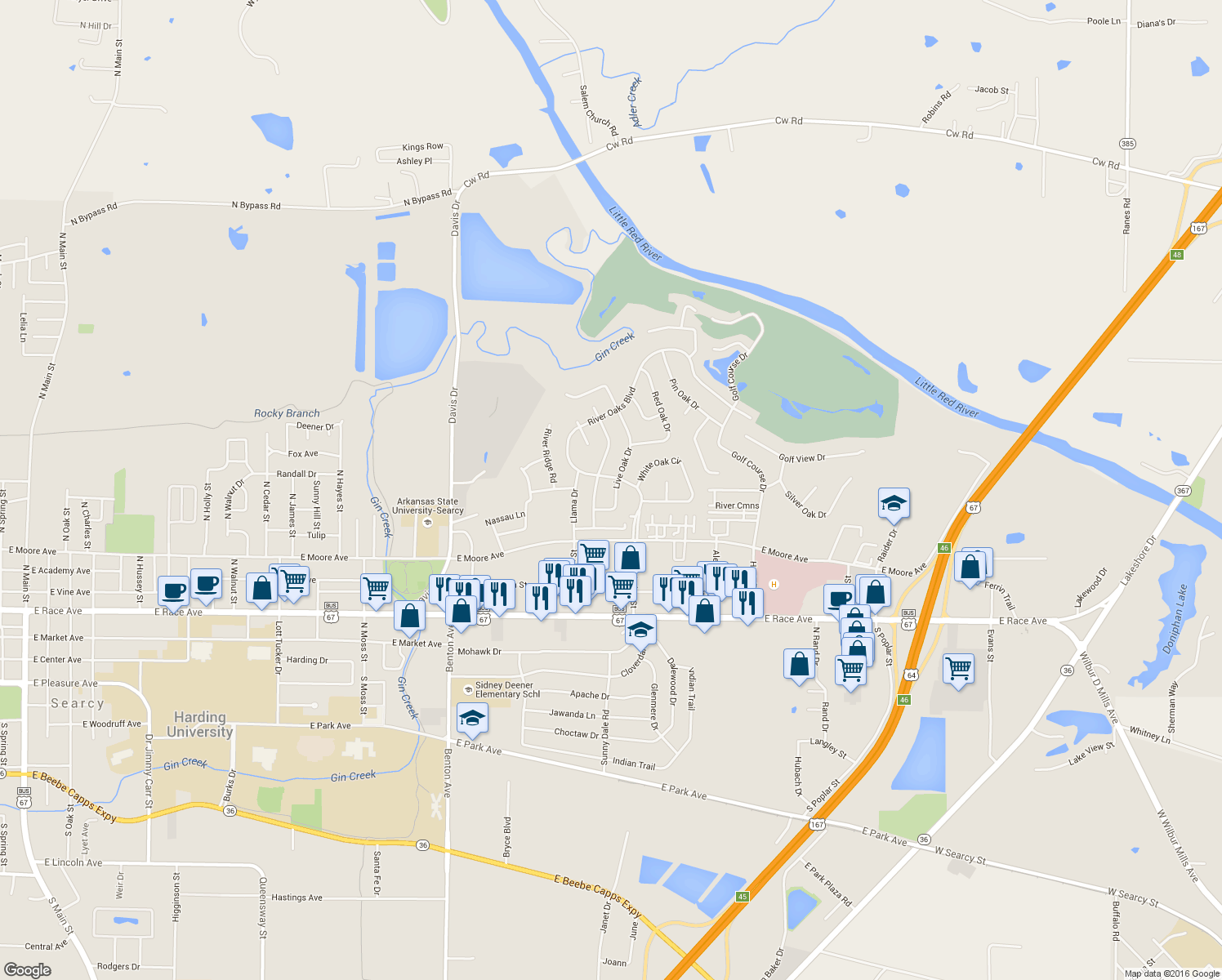 map of restaurants, bars, coffee shops, grocery stores, and more near 303 Live Oak Drive in Searcy