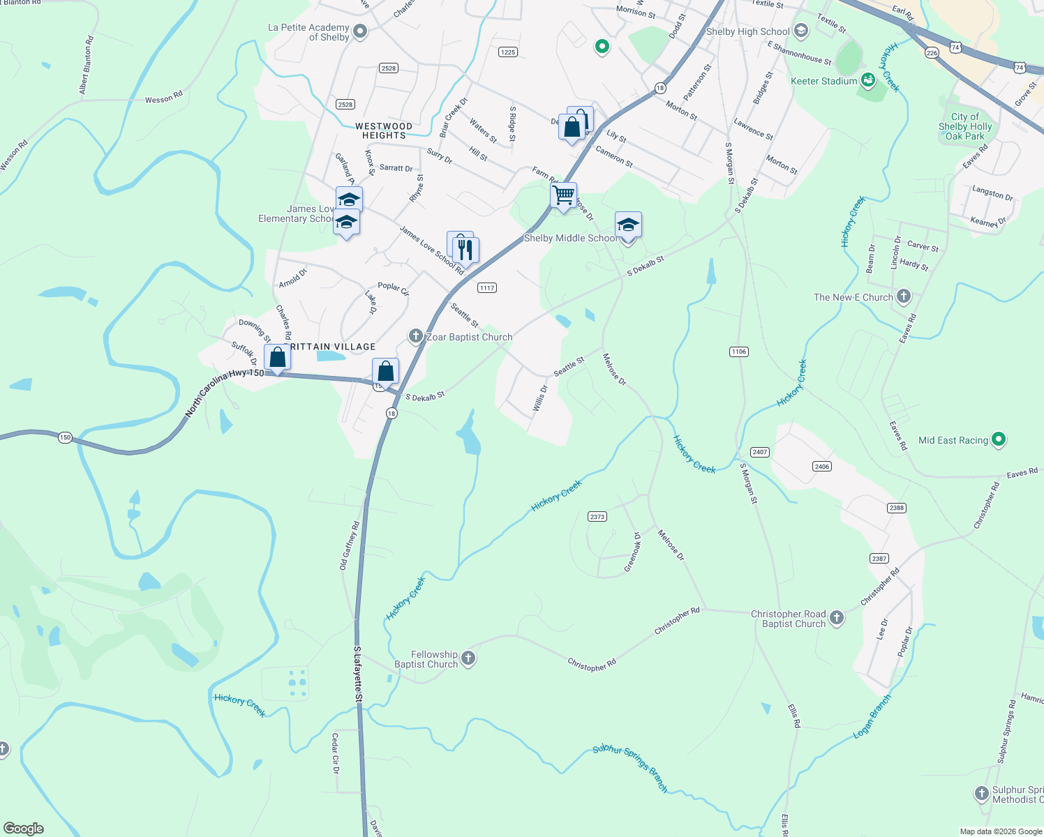 map of restaurants, bars, coffee shops, grocery stores, and more near 308 Buckles Avenue in Shelby
