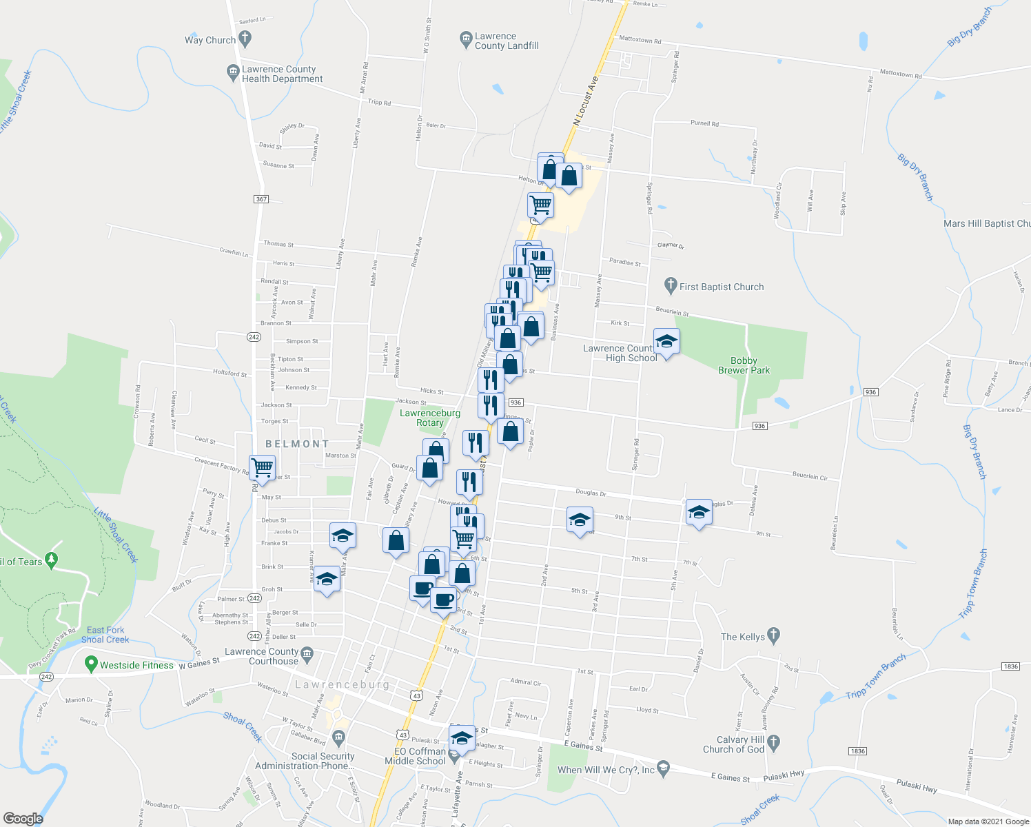 map of restaurants, bars, coffee shops, grocery stores, and more near 304 Ellingson Street in Lawrenceburg