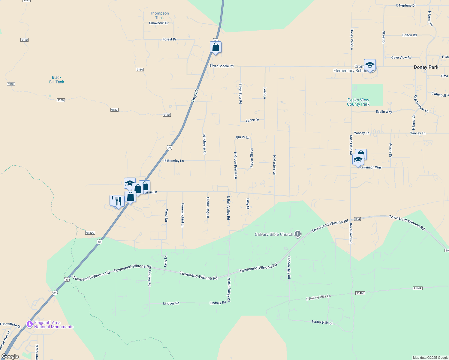 map of restaurants, bars, coffee shops, grocery stores, and more near 8085 Remington Drive in Flagstaff