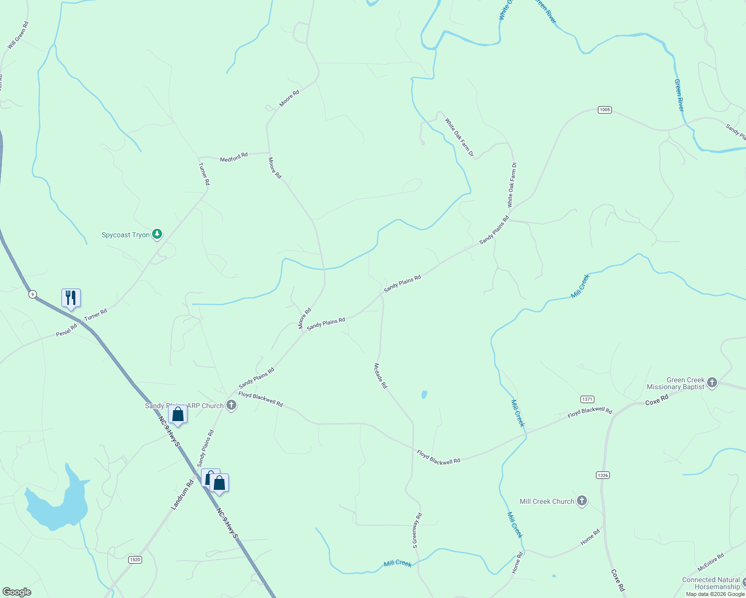 map of restaurants, bars, coffee shops, grocery stores, and more near 1183 Sandy Plains Road in Tryon