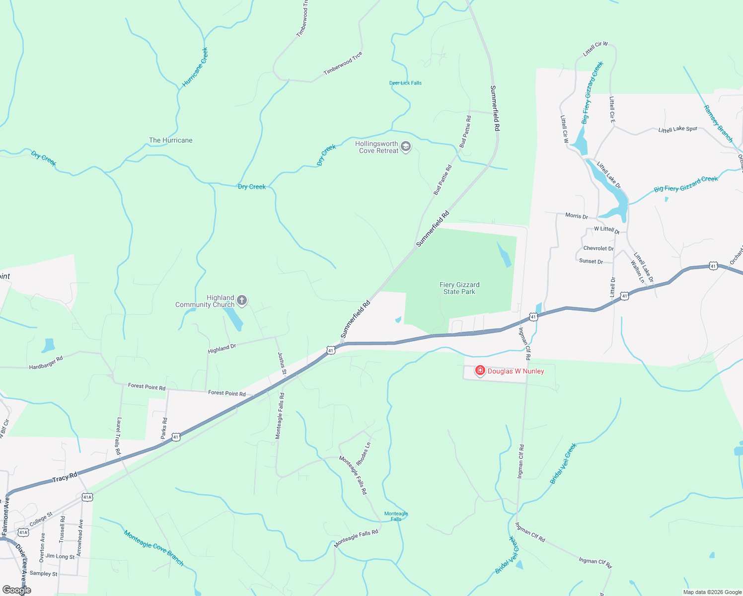 map of restaurants, bars, coffee shops, grocery stores, and more near Summerfield Road in Monteagle