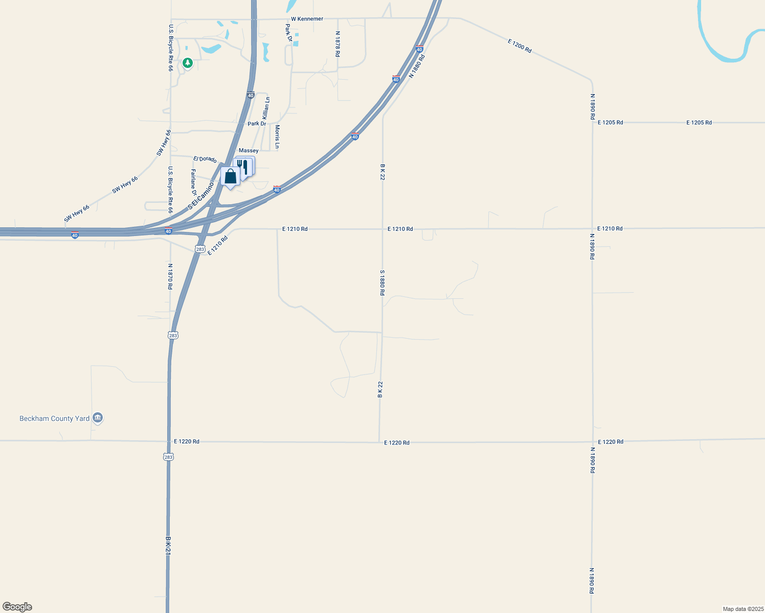 map of restaurants, bars, coffee shops, grocery stores, and more near 11686 North 1880 Road in Sayre