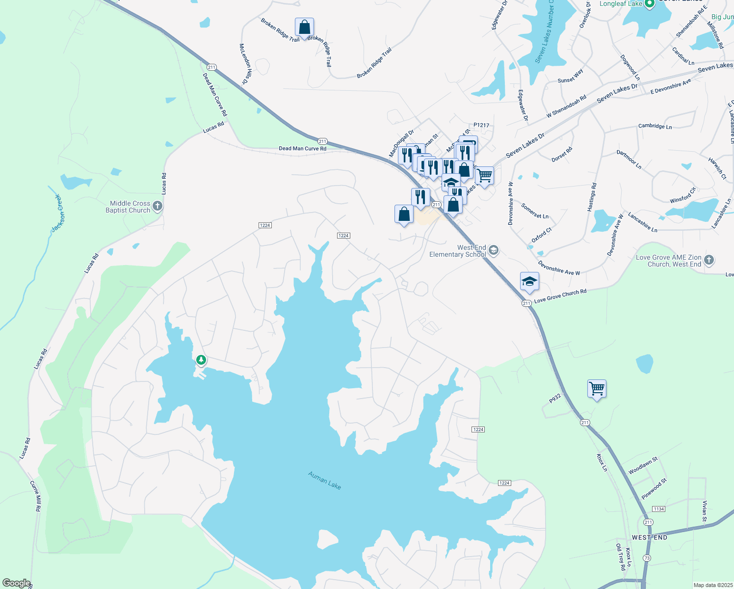 map of restaurants, bars, coffee shops, grocery stores, and more near 225 Otter Court in West End