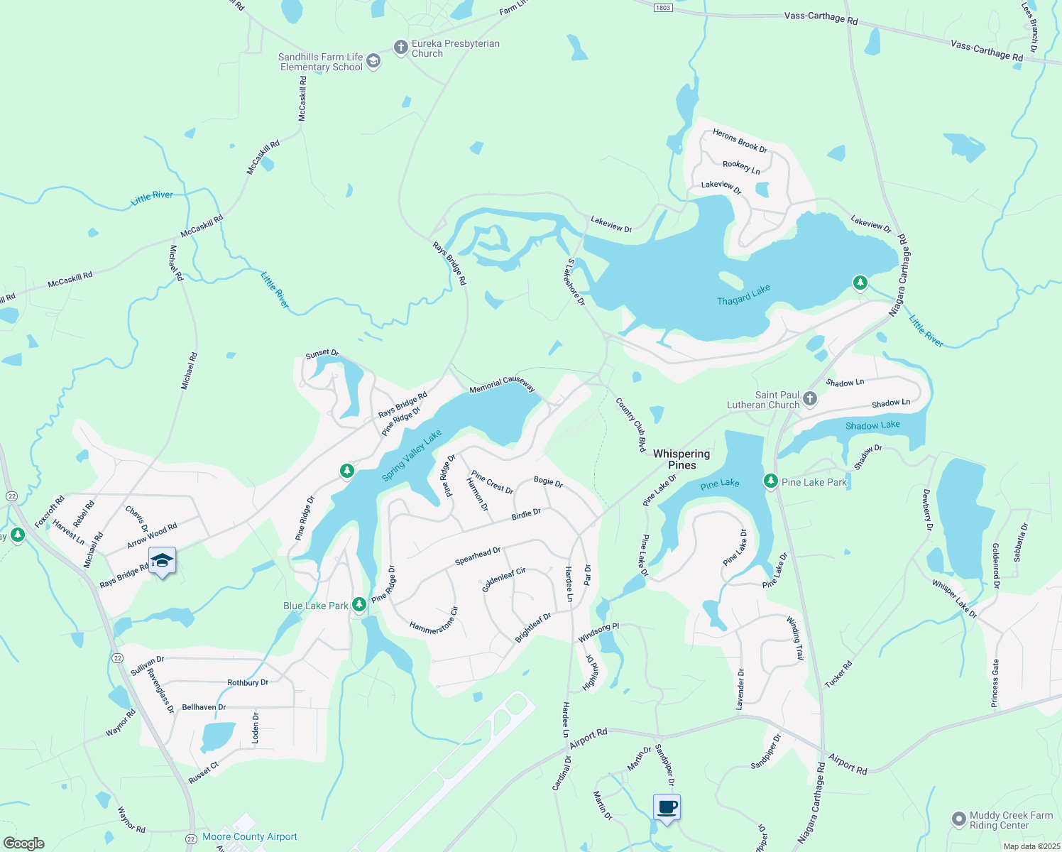 map of restaurants, bars, coffee shops, grocery stores, and more near 24 Pine Ridge Drive in Whispering Pines