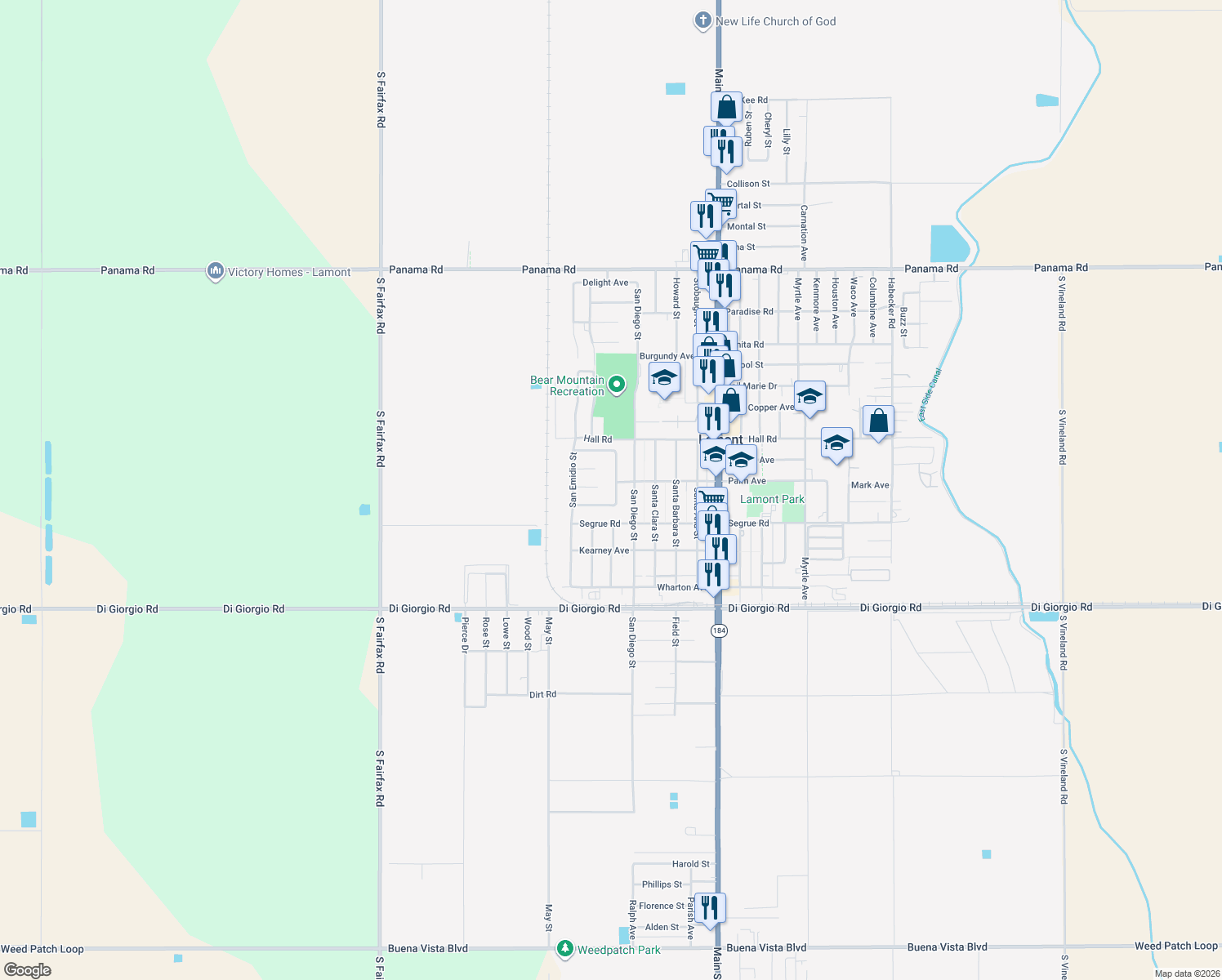 map of restaurants, bars, coffee shops, grocery stores, and more near 10704 San Gorgonio Street in Lamont