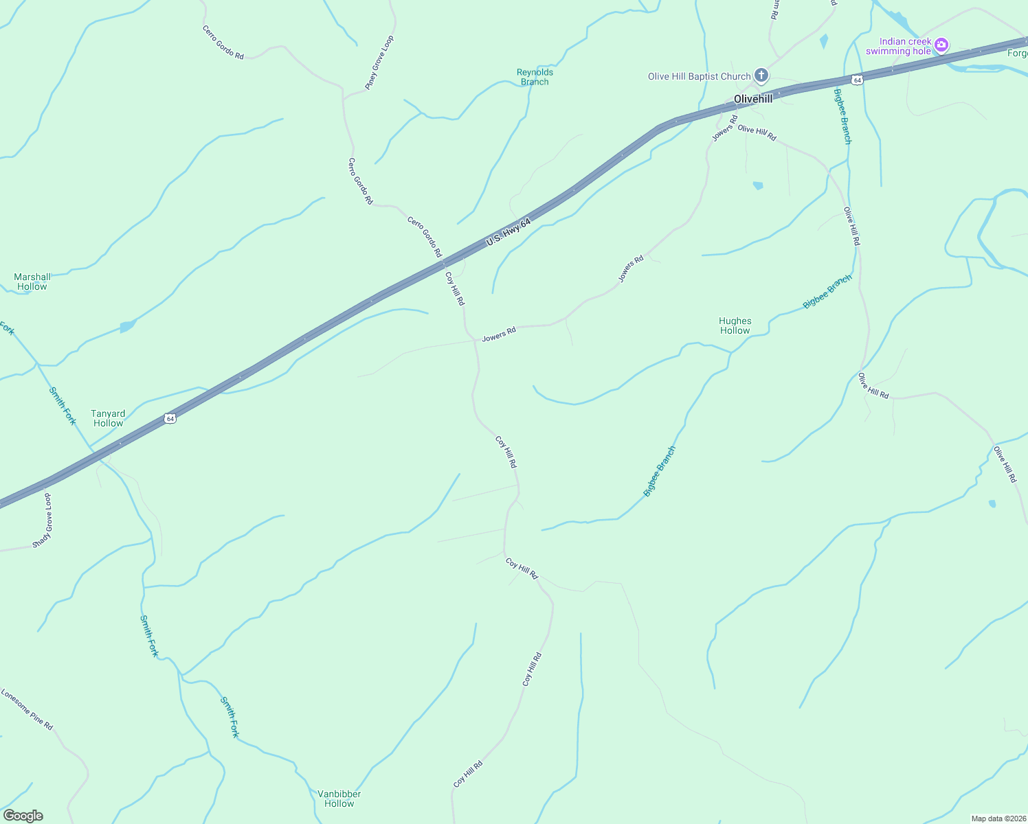 map of restaurants, bars, coffee shops, grocery stores, and more near 695 Coy Hill Road in Olivehill