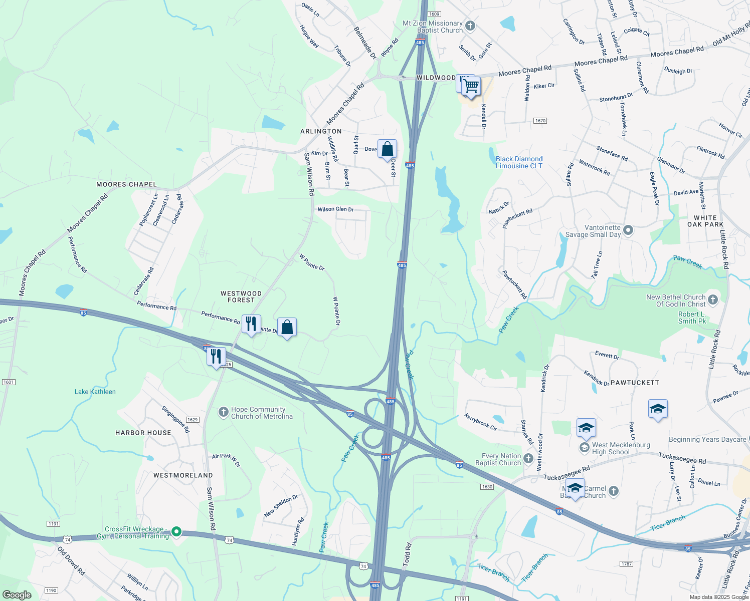 map of restaurants, bars, coffee shops, grocery stores, and more near 1810 West Pointe Drive in Charlotte