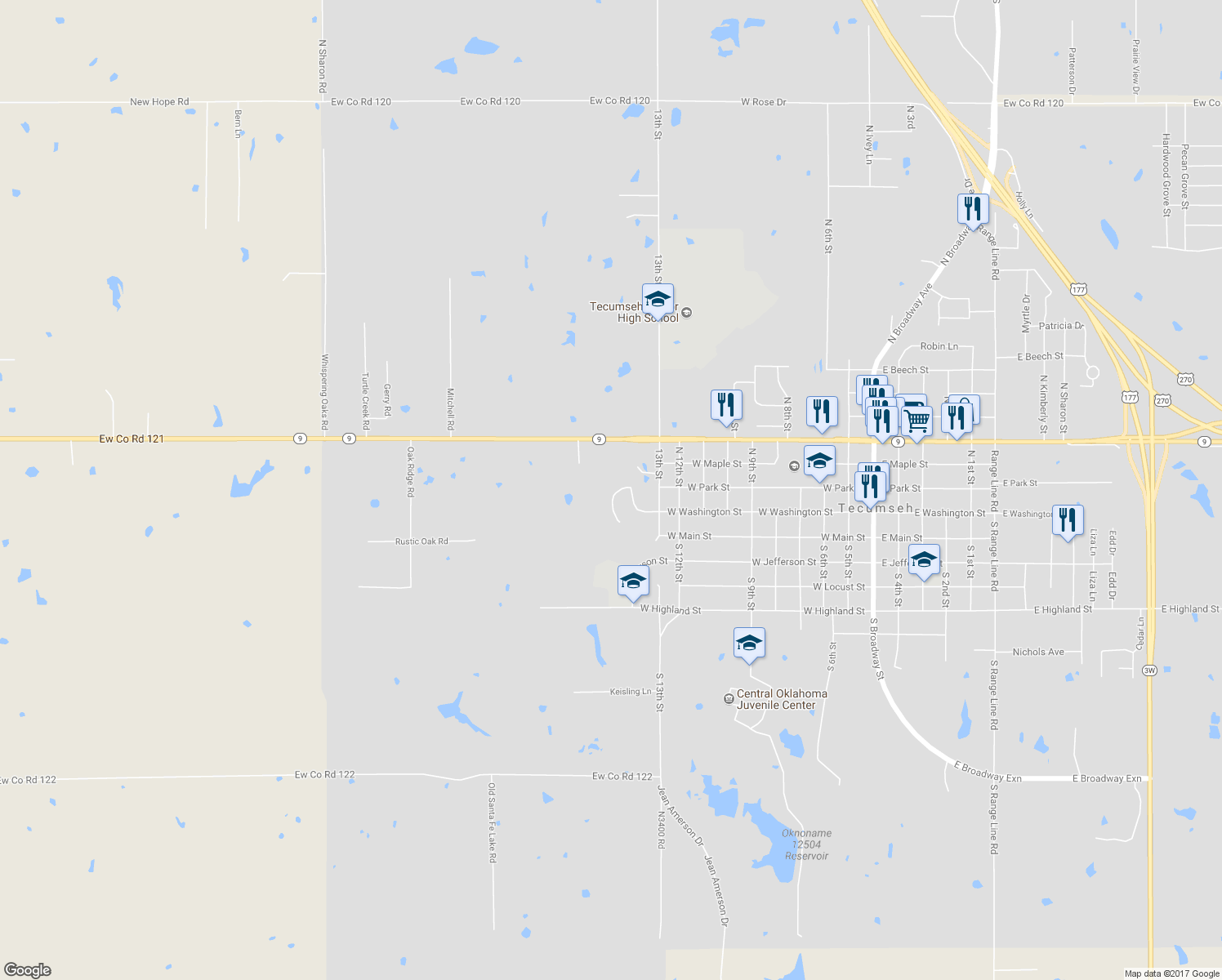 map of restaurants, bars, coffee shops, grocery stores, and more near 1111 West Washington Circle in Tecumseh