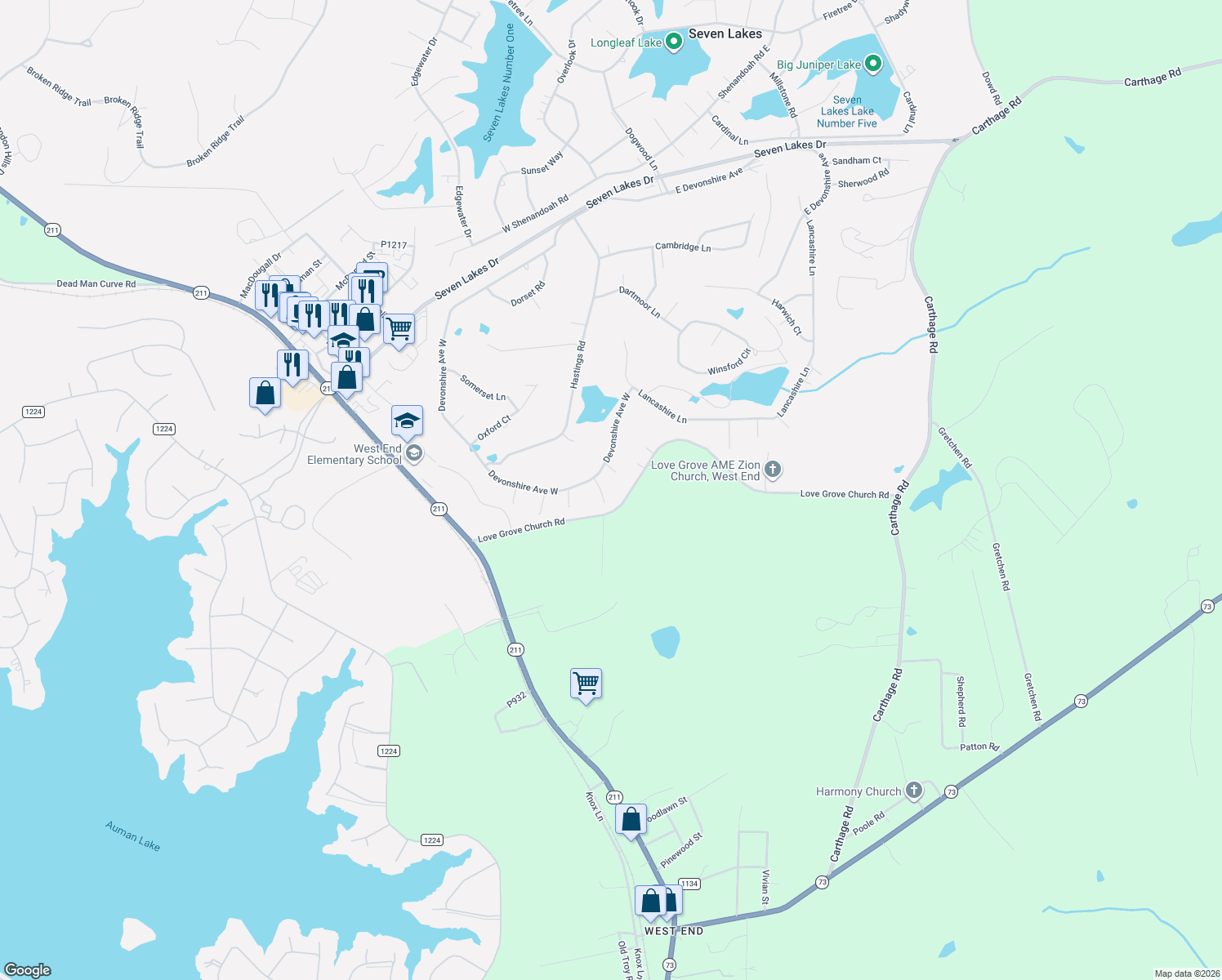 map of restaurants, bars, coffee shops, grocery stores, and more near 103 Bexley Ct in Seven Lakes