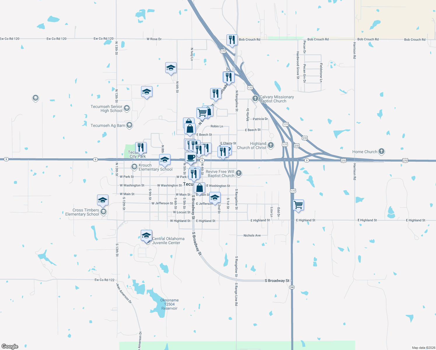 map of restaurants, bars, coffee shops, grocery stores, and more near 319 East Park Street in Tecumseh