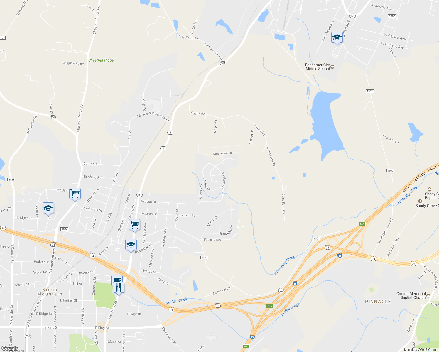 map of restaurants, bars, coffee shops, grocery stores, and more near 2103 Loblolly Lane in Kings Mountain