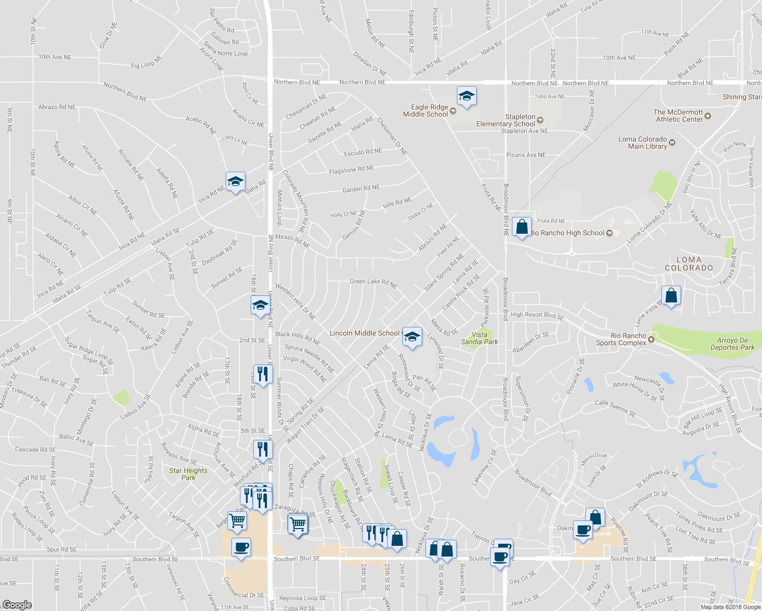 map of restaurants, bars, coffee shops, grocery stores, and more near 2484 Odell Court Northeast in Rio Rancho