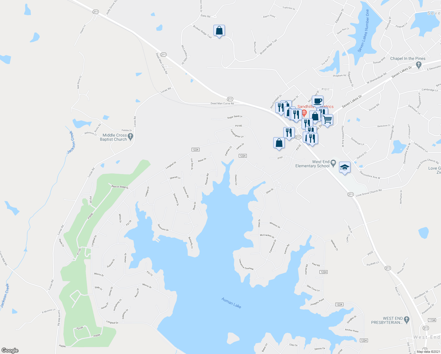 map of restaurants, bars, coffee shops, grocery stores, and more near 127 Phillips Drive in West End