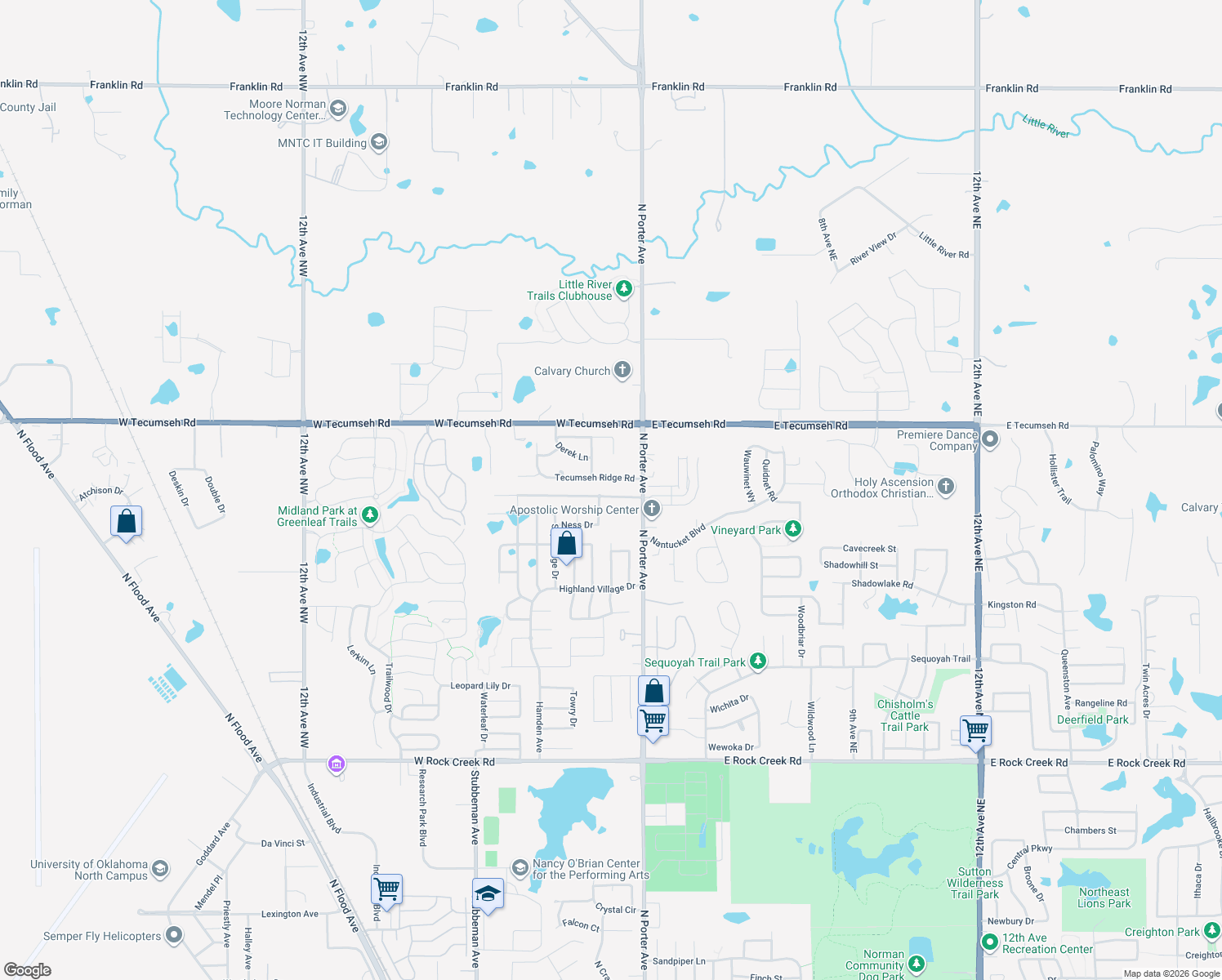 map of restaurants, bars, coffee shops, grocery stores, and more near 129 Tecumseh Meadows Drive in Norman