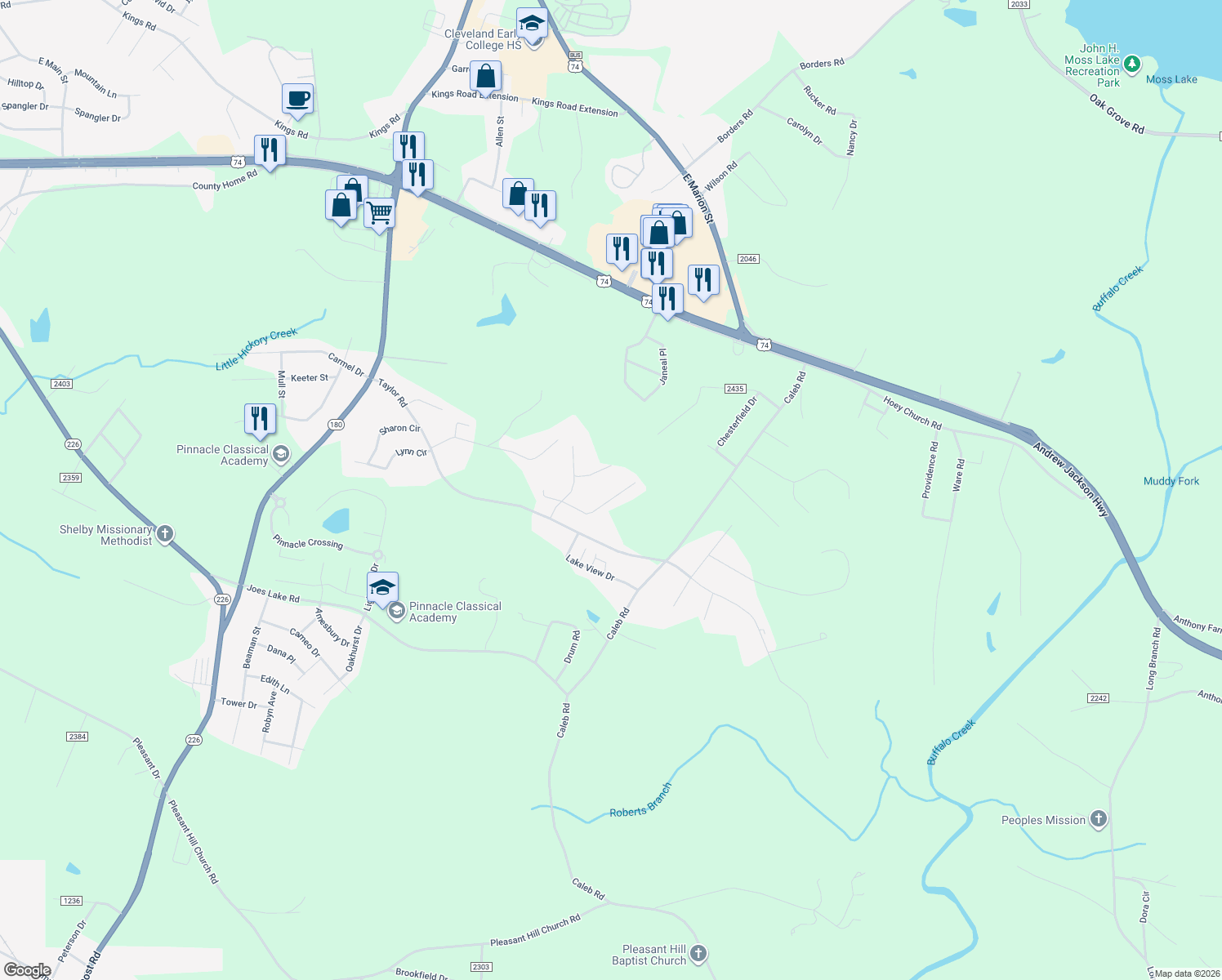 map of restaurants, bars, coffee shops, grocery stores, and more near 221 Cider Drive in Shelby