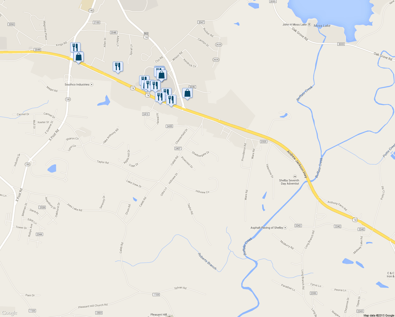 map of restaurants, bars, coffee shops, grocery stores, and more near 100 Mario Drive in Shelby