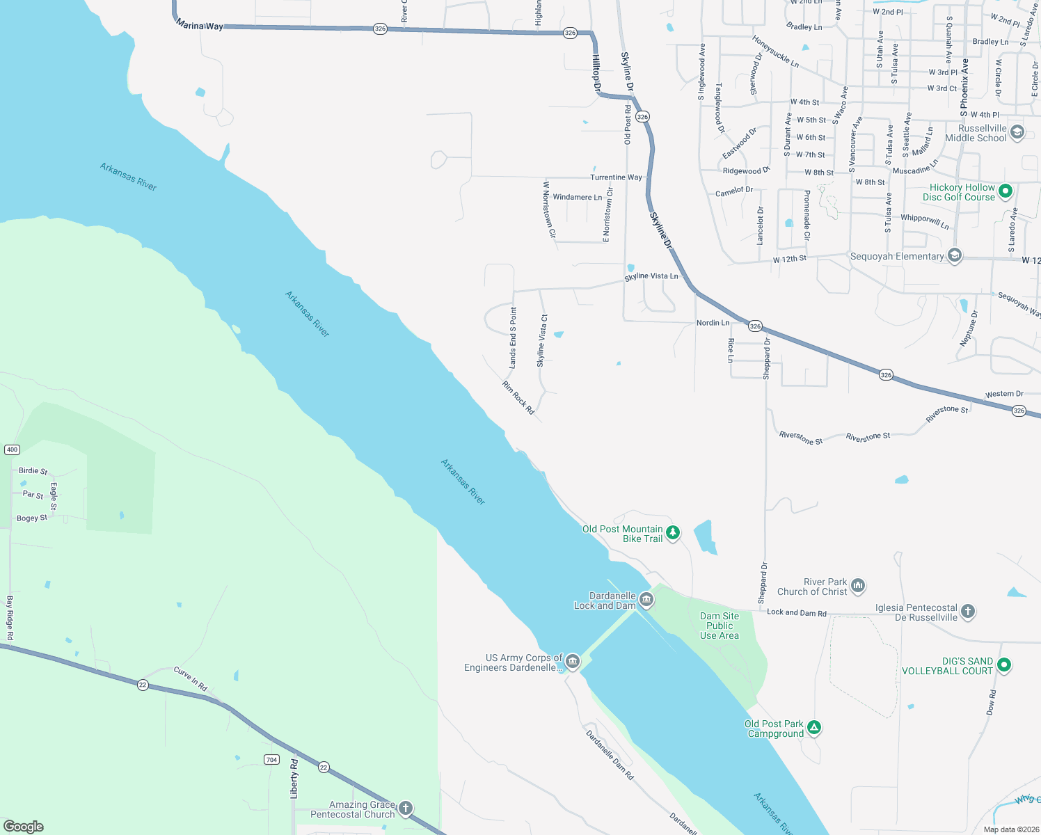 map of restaurants, bars, coffee shops, grocery stores, and more near 113 Skyridge Road in Russellville