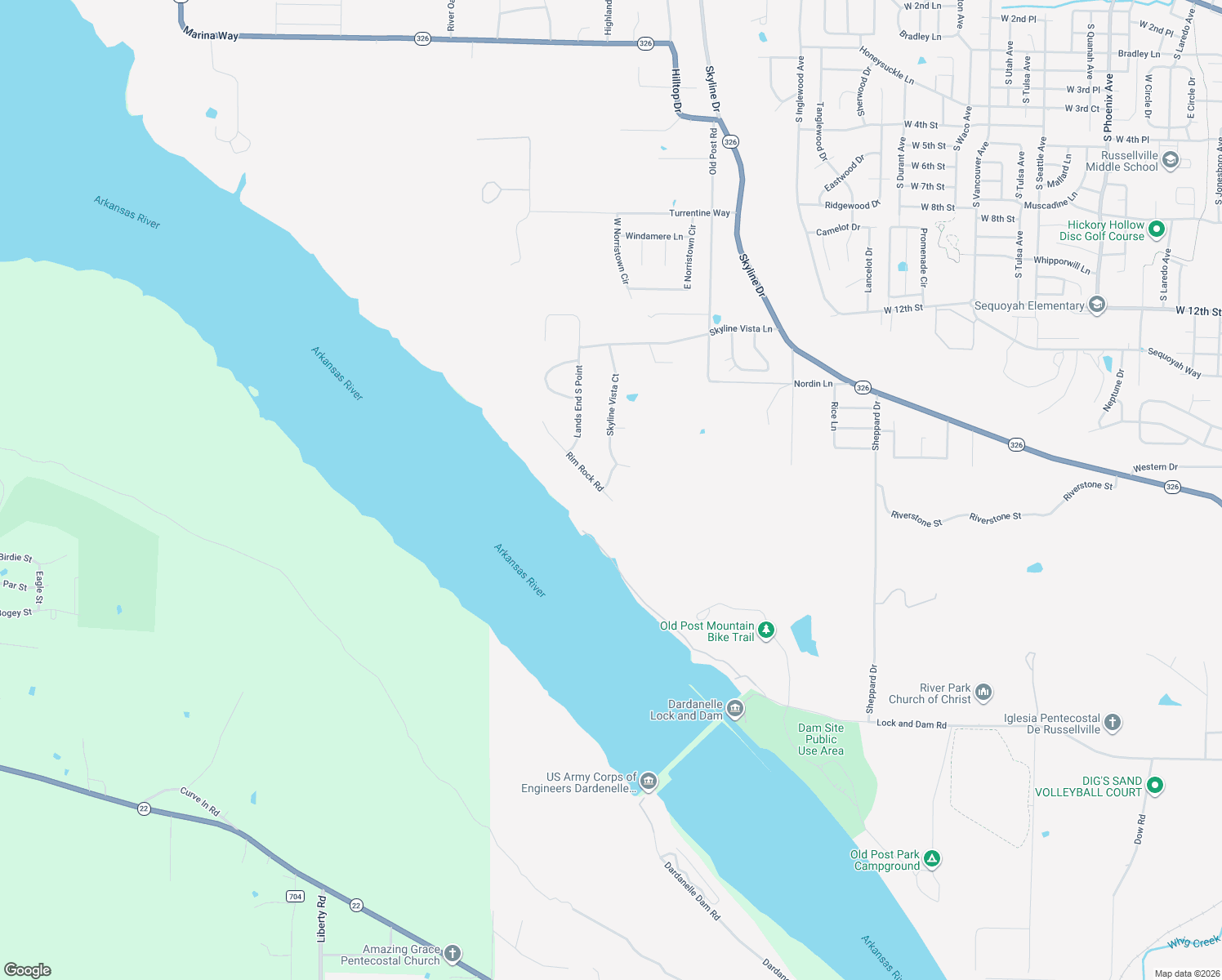 map of restaurants, bars, coffee shops, grocery stores, and more near 113 Skyridge Rd in Russellville