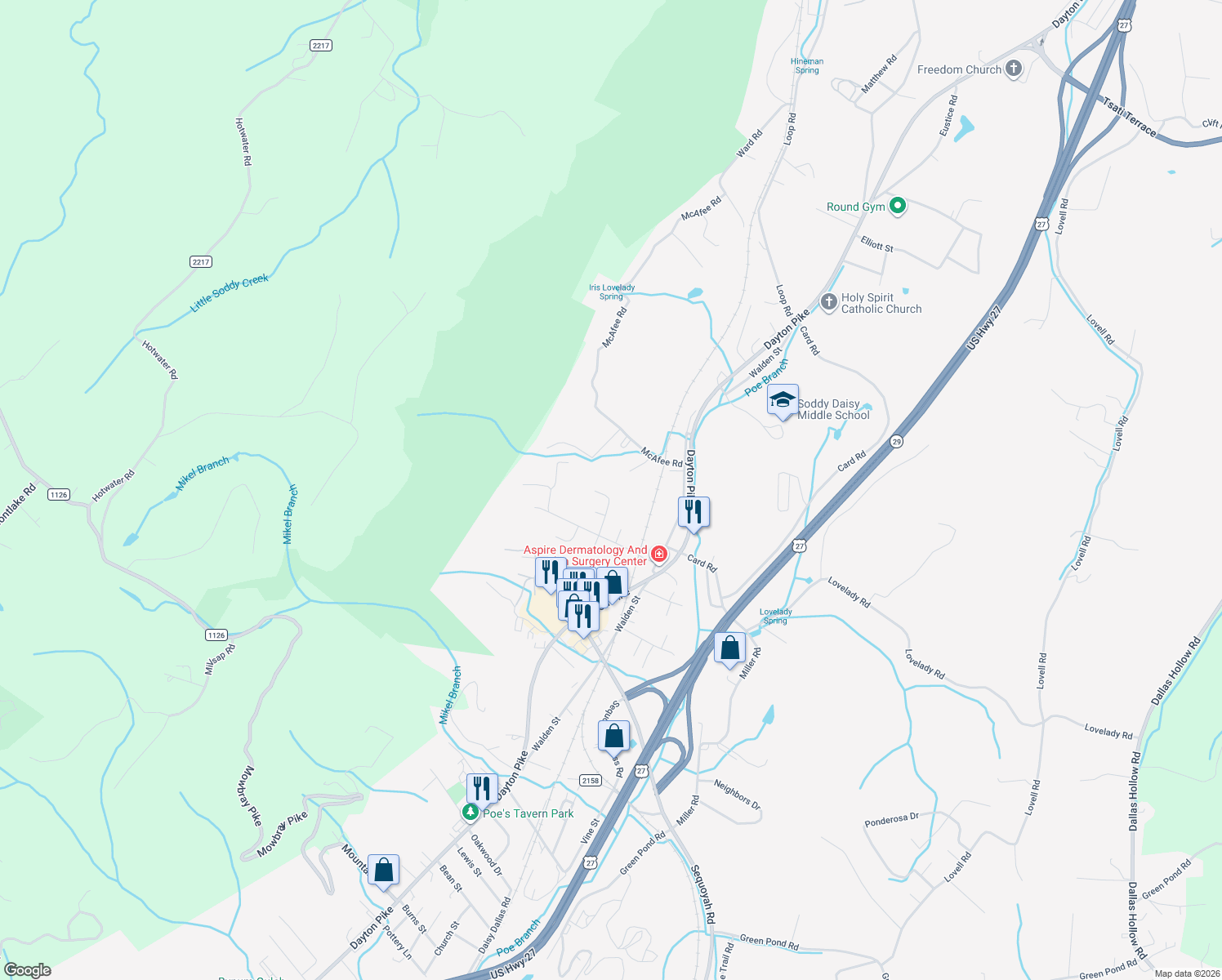 map of restaurants, bars, coffee shops, grocery stores, and more near 10308 Rophe Drive in Soddy-Daisy