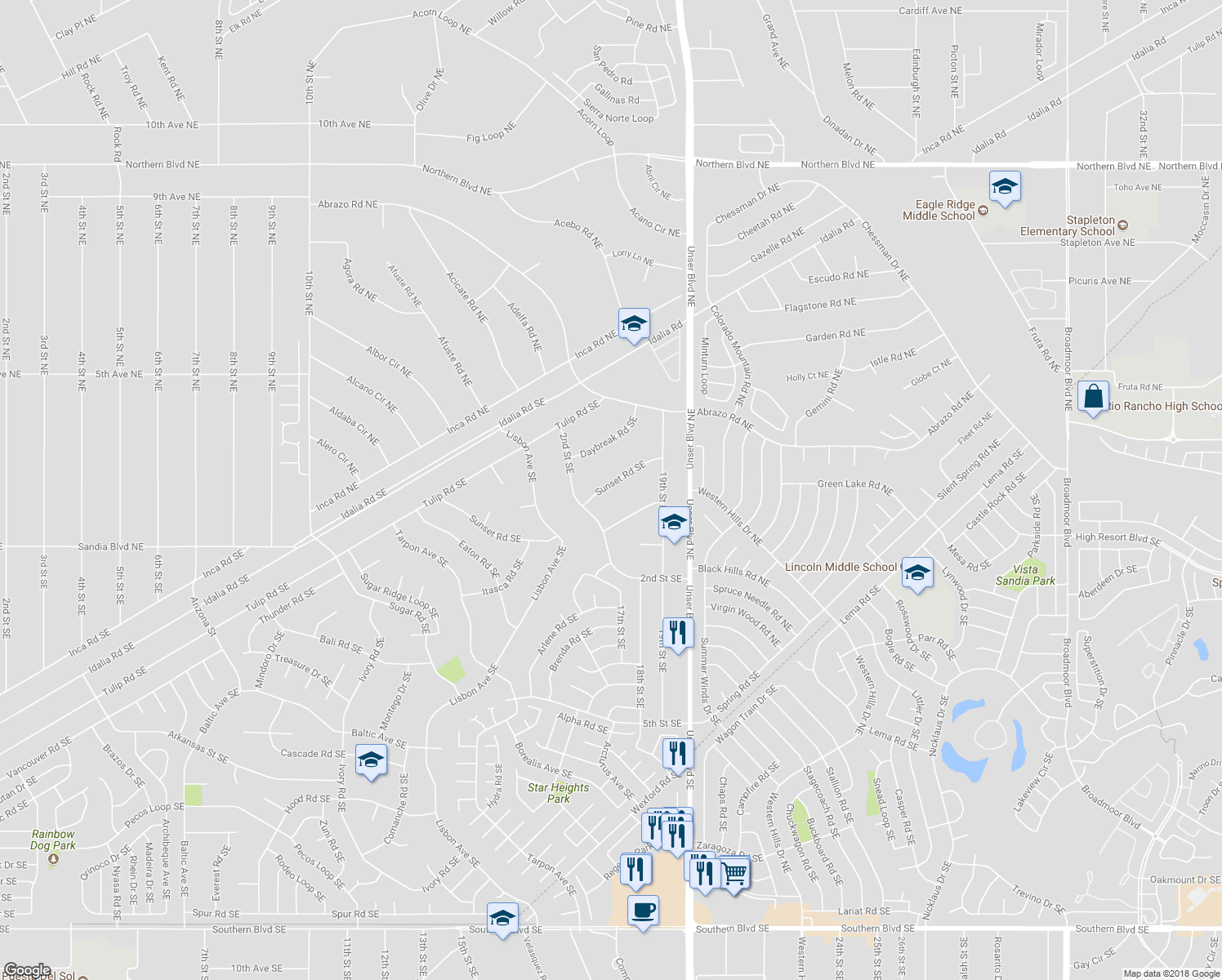 map of restaurants, bars, coffee shops, grocery stores, and more near 1704 Sunset Road Southeast in Rio Rancho