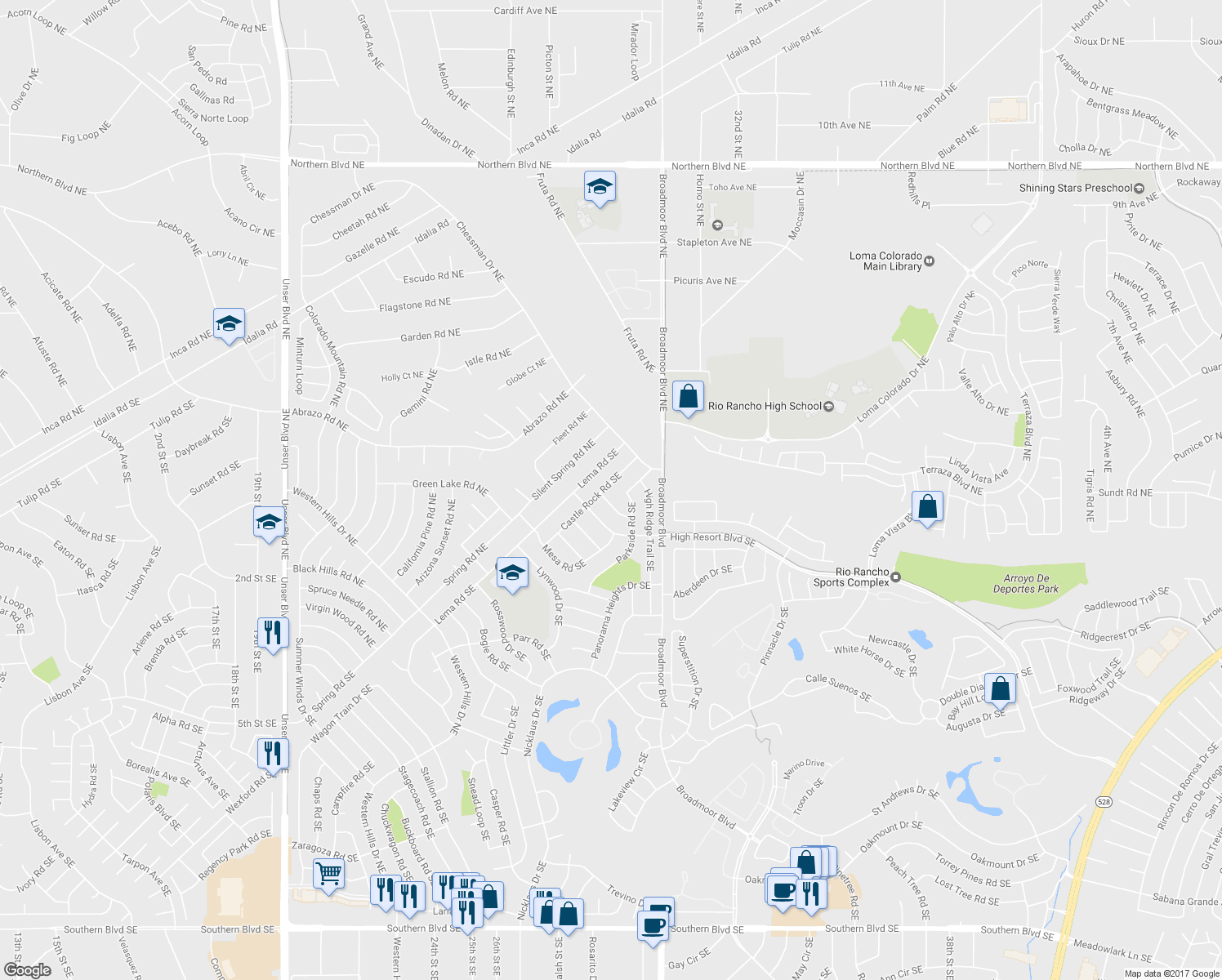map of restaurants, bars, coffee shops, grocery stores, and more near 64 Castle Rock Road Southeast in Rio Rancho