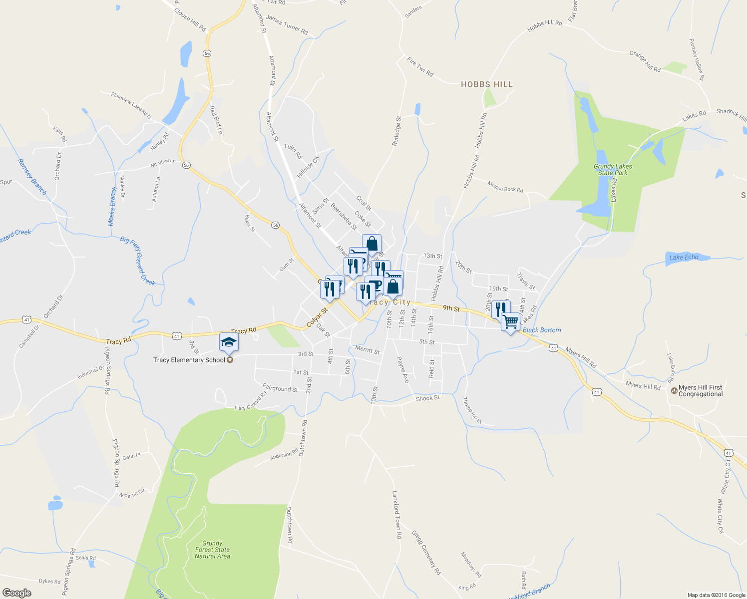 map of restaurants, bars, coffee shops, grocery stores, and more near 375 Railroad Ave in Tracy City